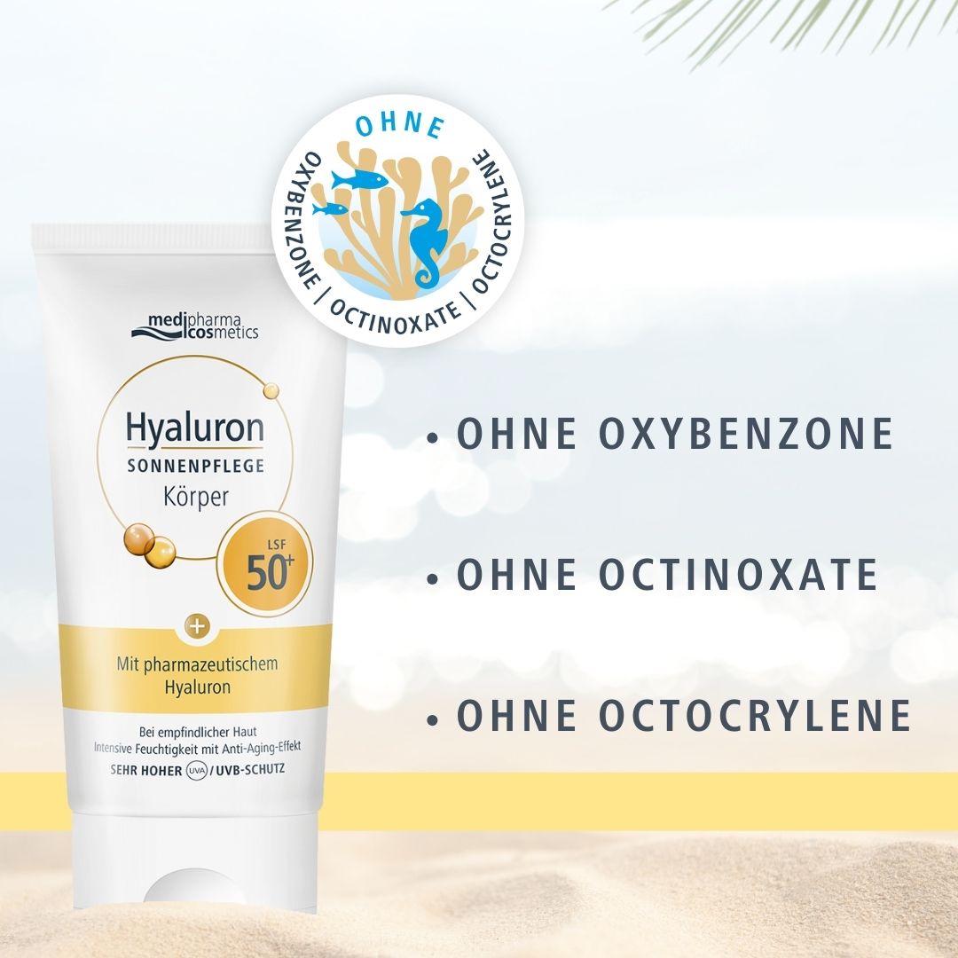 Sonnenpflege-Produkt in Tube. Text: Hyaluron Sonnenpflege Körper LSF 50+. Marke: medipharma cosmetics. Ohne Oxybenzone, Octinoxate, Octocrylene.