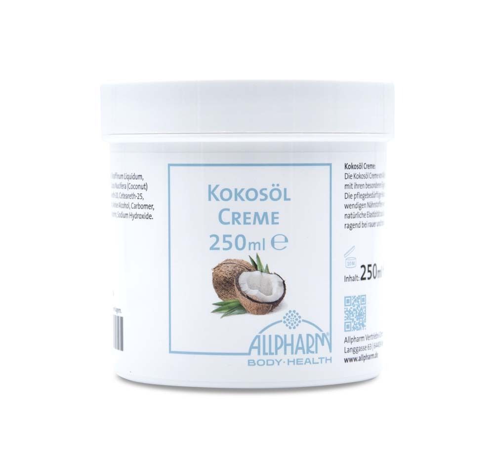 Weiße Dose mit Kokosöl Creme. Aufschrift: Kokosöl Creme 250ml. Abbildung von Kokosnuss.