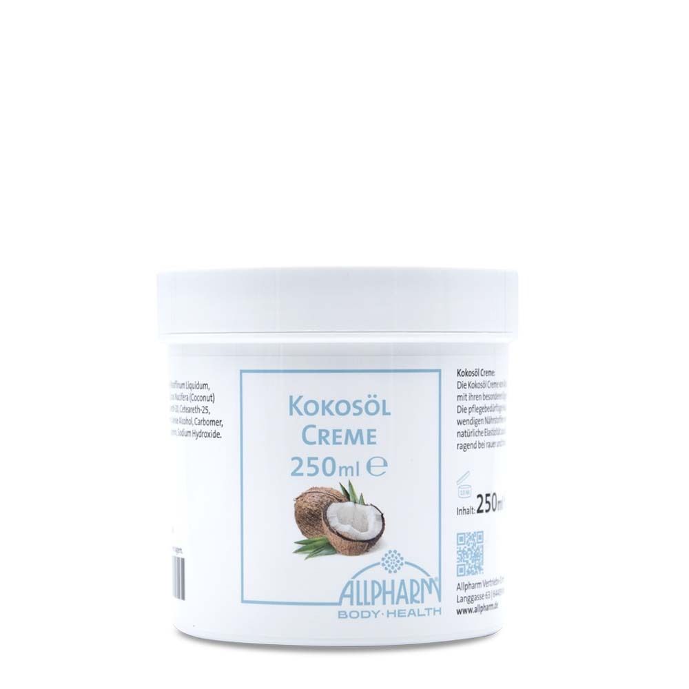 Weiße Dose mit Kokosöl Creme. Aufschrift: Kokosöl Creme 250ml. Abbildung von Kokosnuss.