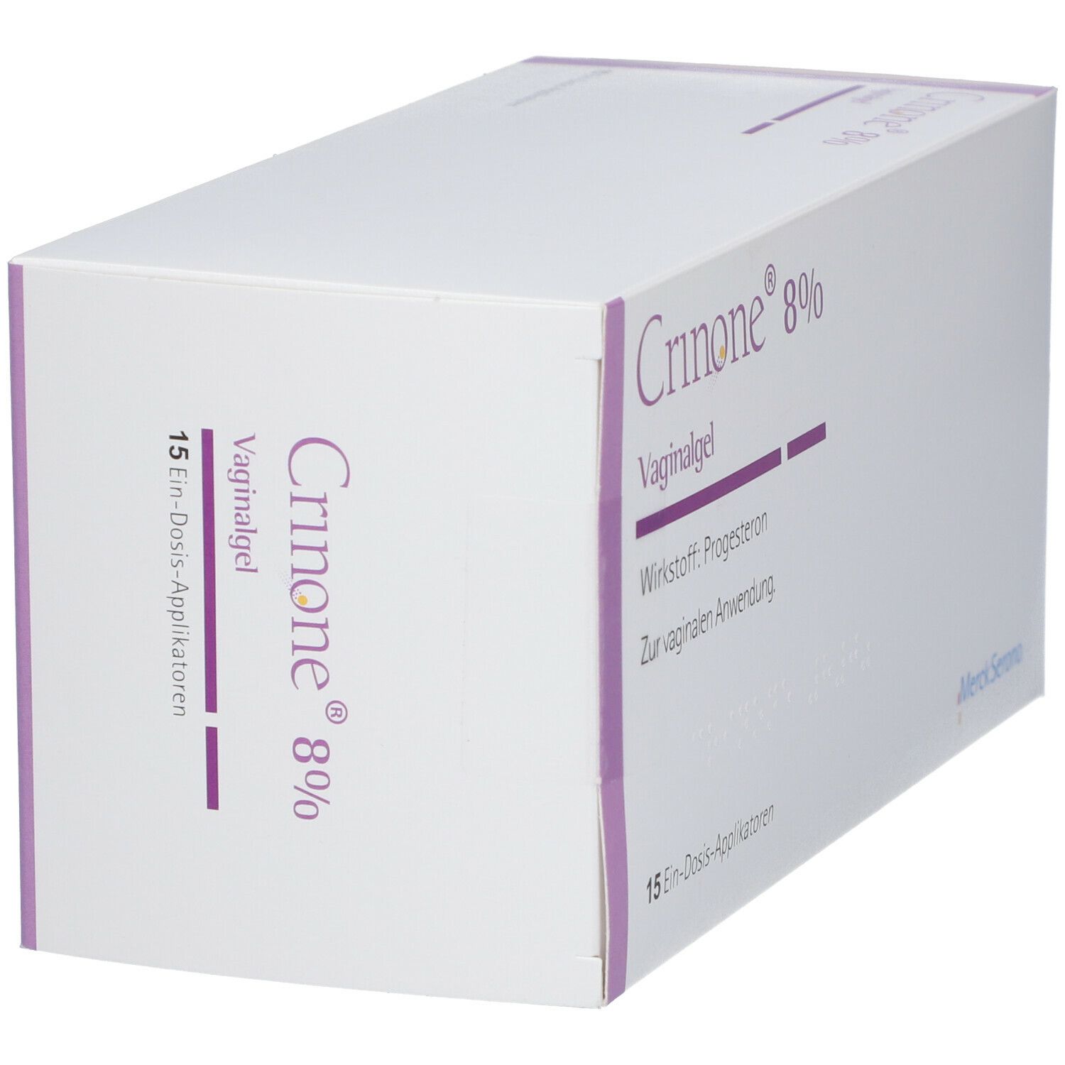 Weiße Schachtel Crinone 8% Vaginalgel. Text und Logo Merck Serono. 15 Ein-Dosis-Applikatoren.