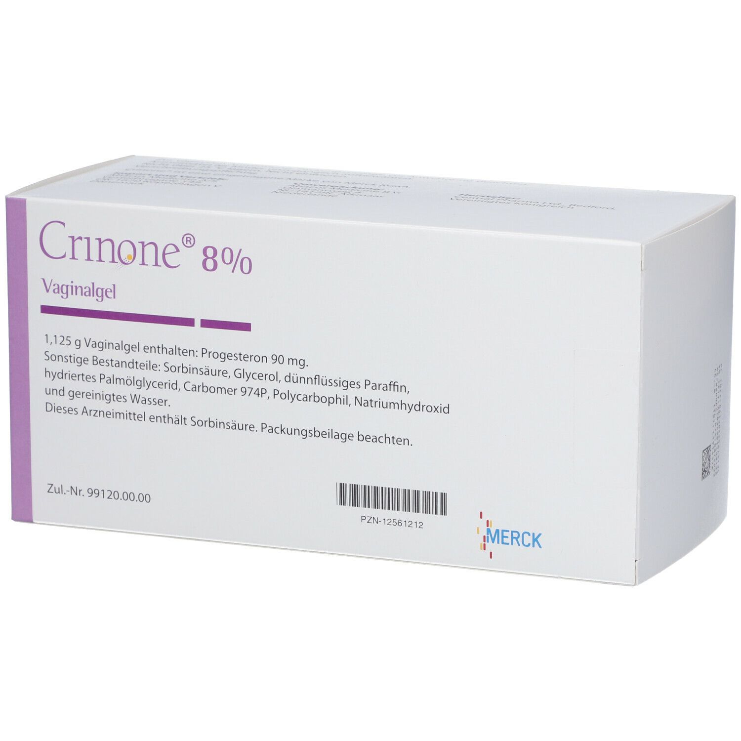 Weiße Schachtel Crinone 8% Vaginalgel. Inhaltsstoffe und Logo Merck. 15 Ein-Dosis-Applikatoren.
