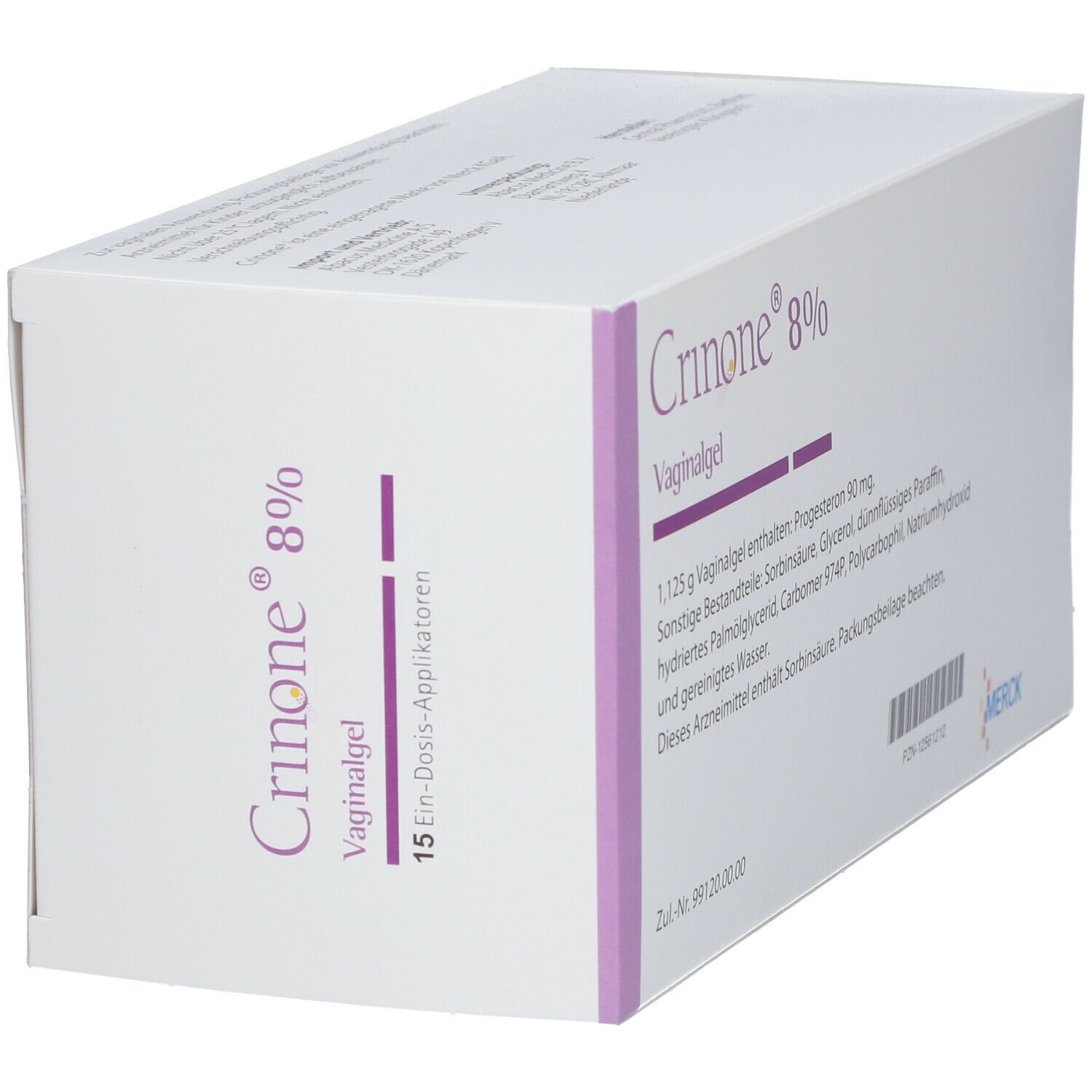 Weiße Schachtel Crinone 8% Vaginalgel. Inhaltsstoffe und Logo Merck. 15 Ein-Dosis-Applikatoren.