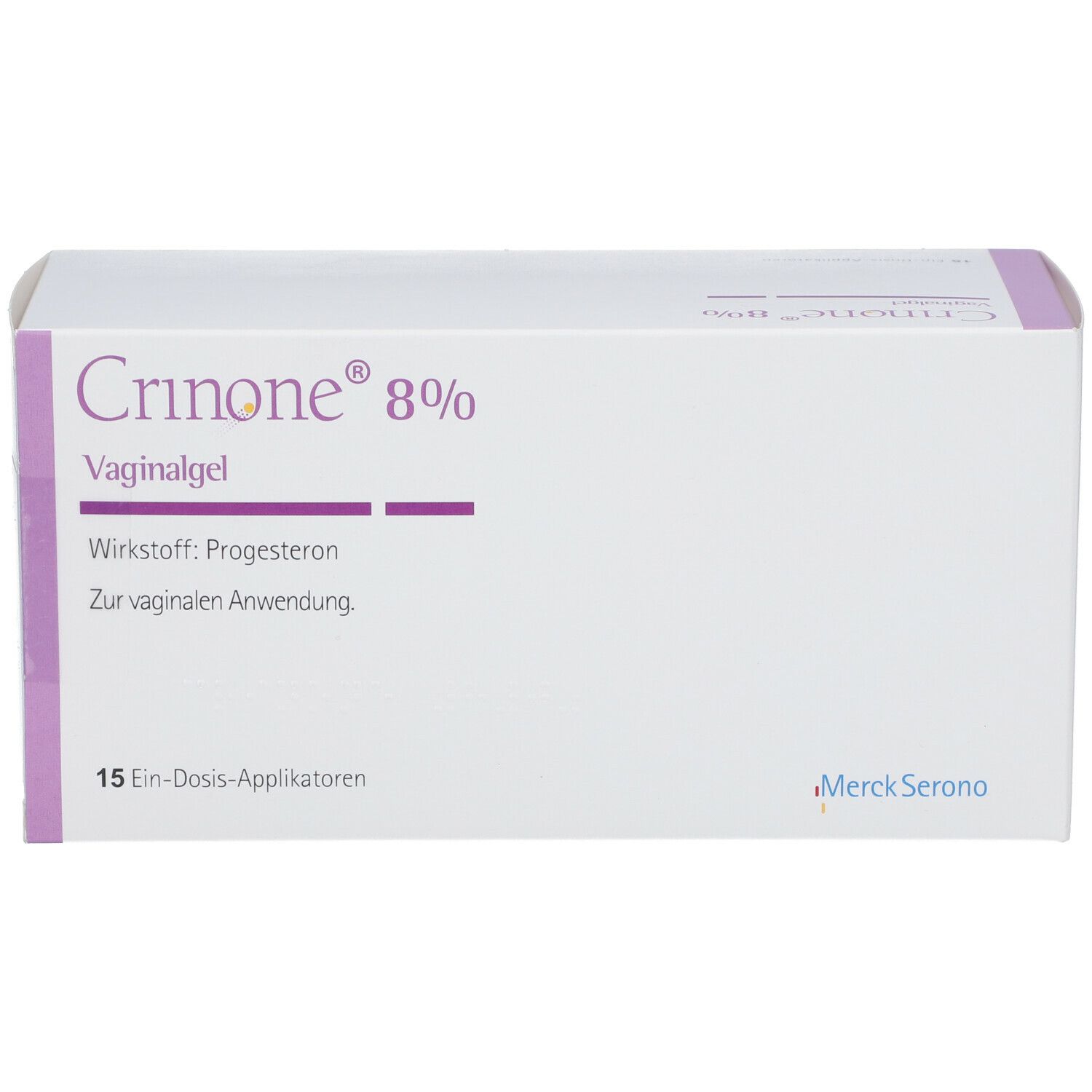 Weiße Schachtel Crinone 8% Vaginalgel. Text und Logo Merck Serono. 15 Ein-Dosis-Applikatoren.