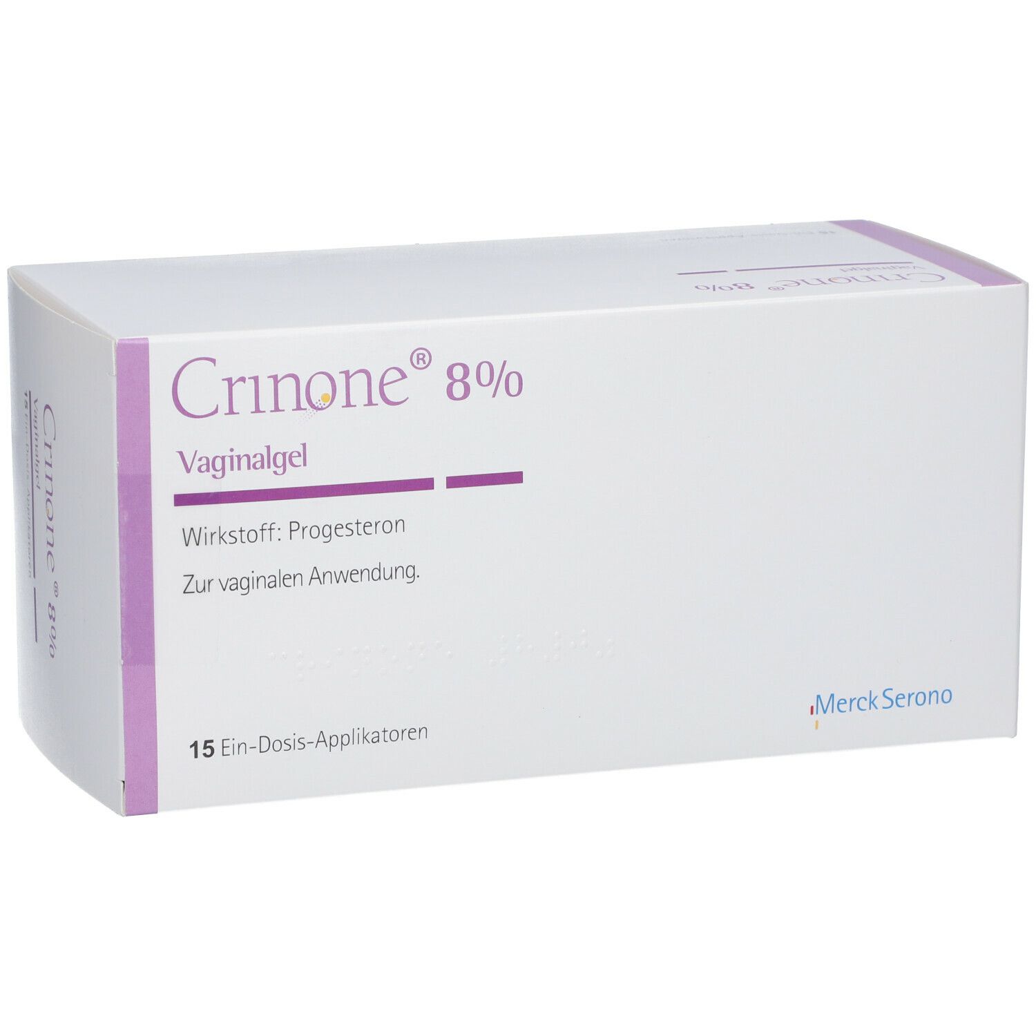 Weiße Schachtel Crinone 8% Vaginalgel. Text und Logo Merck Serono. 15 Ein-Dosis-Applikatoren.
