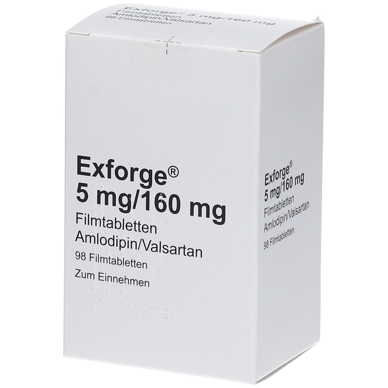 Weiße Arzneimittelverpackung. Aufschrift: Exforge 5 mg/160 mg, Filmtabletten, Amlodipin/Valsartan, 98 Filmtabletten.