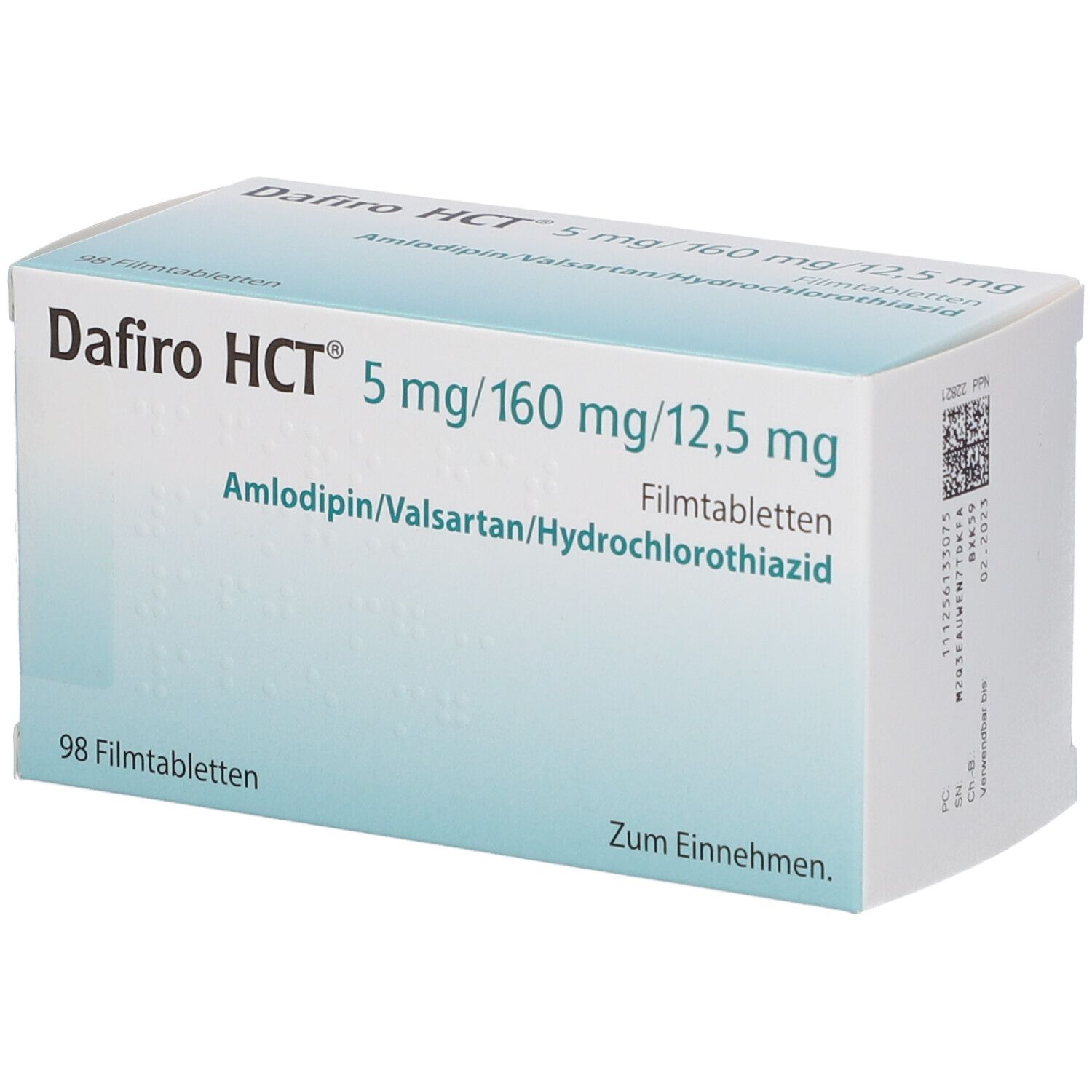 Dafiro HCT 5 mg/160 mg/12,5 mg Filmtabletten-Packung. Enthält 98 Tabletten. Aufschrift: Amlodipin/Valsartan/Hydrochlorothiazid.