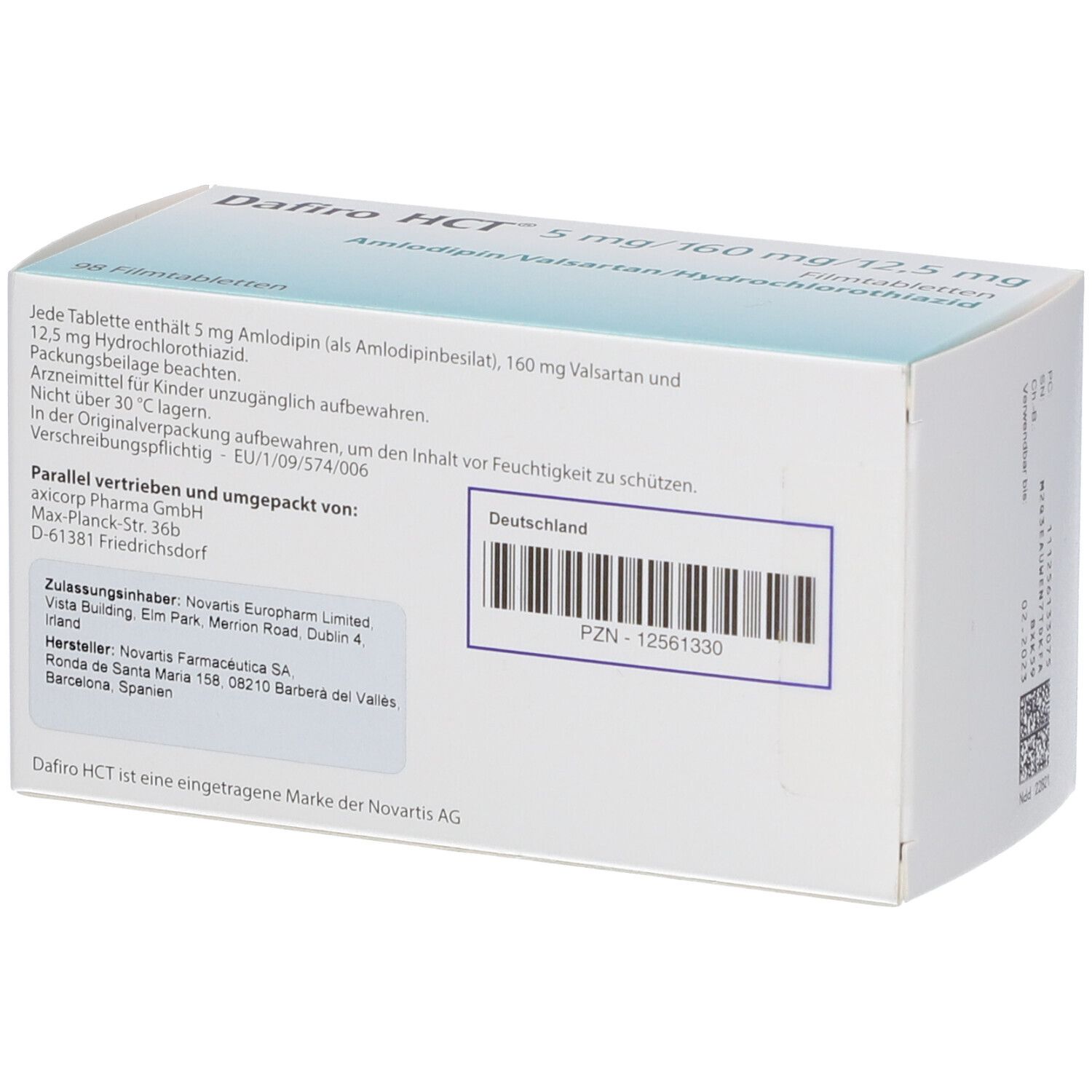 Rückseite der Dafiro HCT 5 mg/160 mg/12,5 mg Packung. Enthält Informationen und Barcode. Hergestellt in Deutschland.