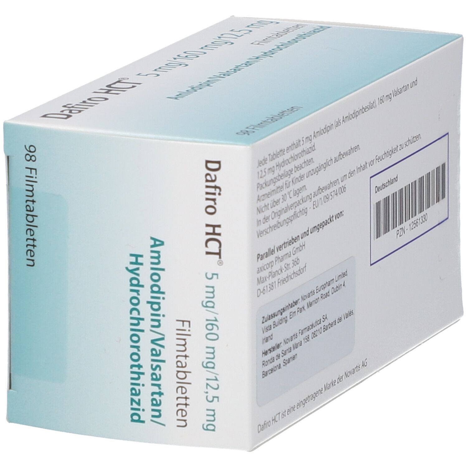 Dafiro HCT 5 mg/160 mg/12,5 mg Filmtabletten-Packung. Aufschrift: Amlodipin/Valsartan/Hydrochlorothiazid. 98 Filmtabletten.