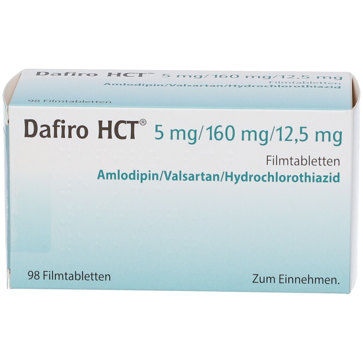 Dafiro HCT 5 mg/160 mg/12,5 mg Filmtabletten-Packung. Aufschrift: Amlodipin/Valsartan/Hydrochlorothiazid. 98 Filmtabletten.