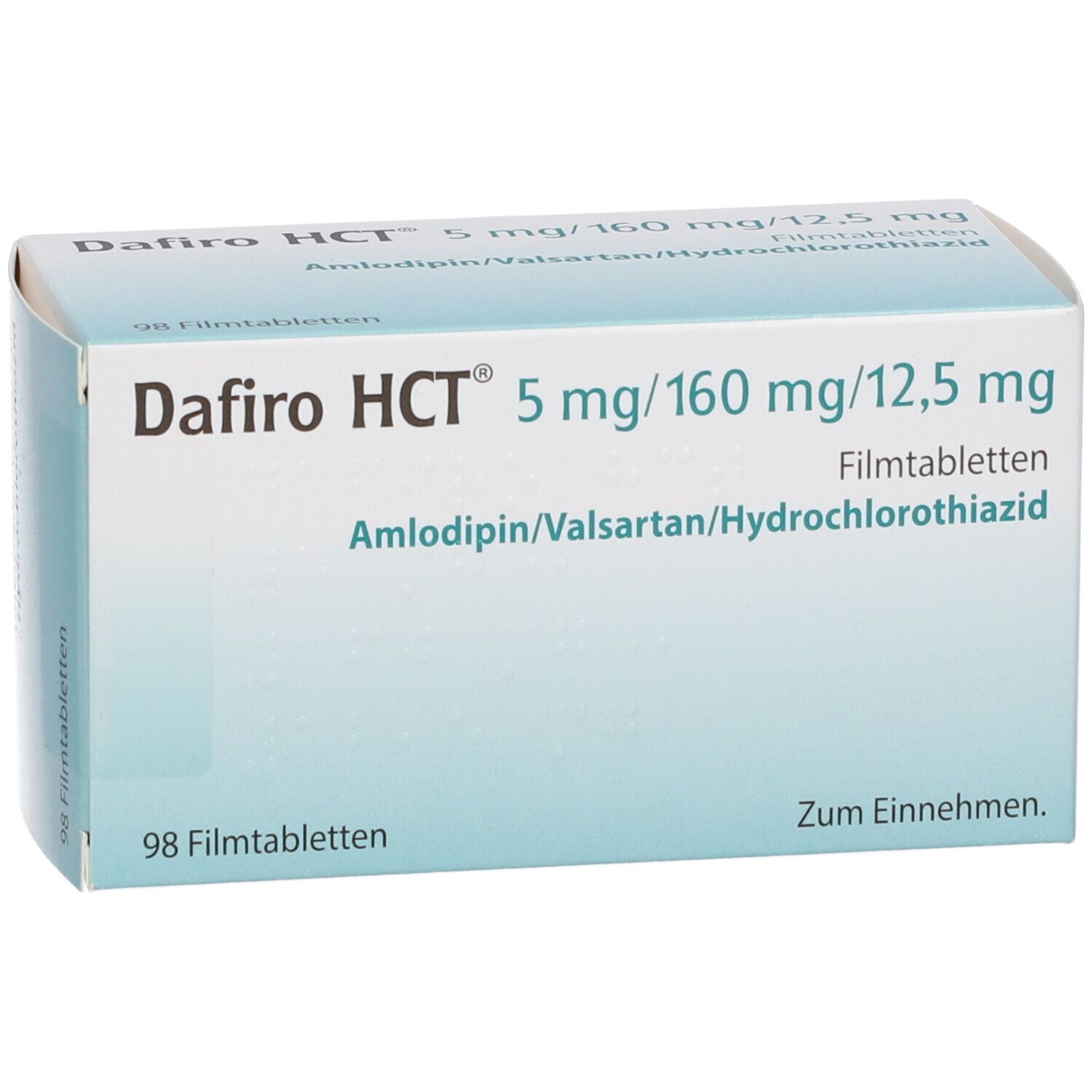 Dafiro HCT 5 mg/160 mg/12,5 mg Filmtabletten-Packung. Aufschrift: Amlodipin/Valsartan/Hydrochlorothiazid. 98 Filmtabletten.