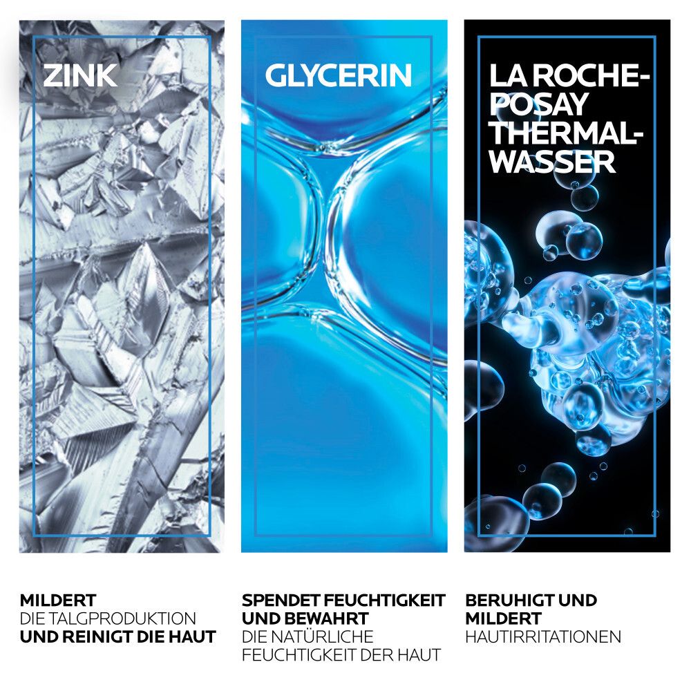 Drei Grafiken: Zink, Glycerin, La Roche-Posay Thermalwasser. Beschreibungen: mildert, spendet Feuchtigkeit, beruhigt.