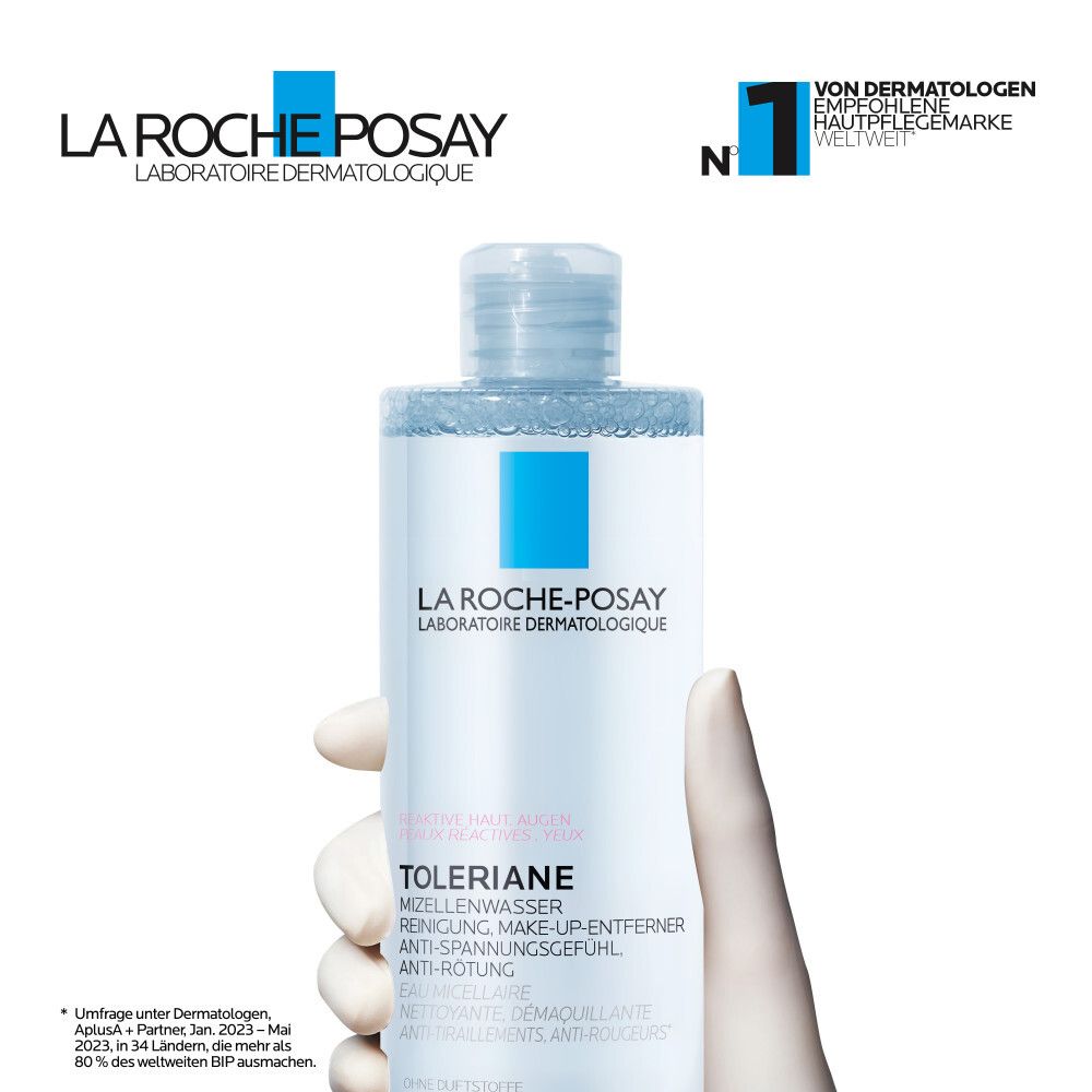 La Roche-Posay Mizellenwasser. Flasche mit Logo. Von Dermatologen weltweit empfohlen.
