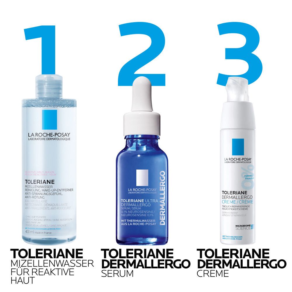 Drei Produkte: La Roche-Posay Mizellenwasser, Serum, Creme. Alle mit dem Namen Toleriane.