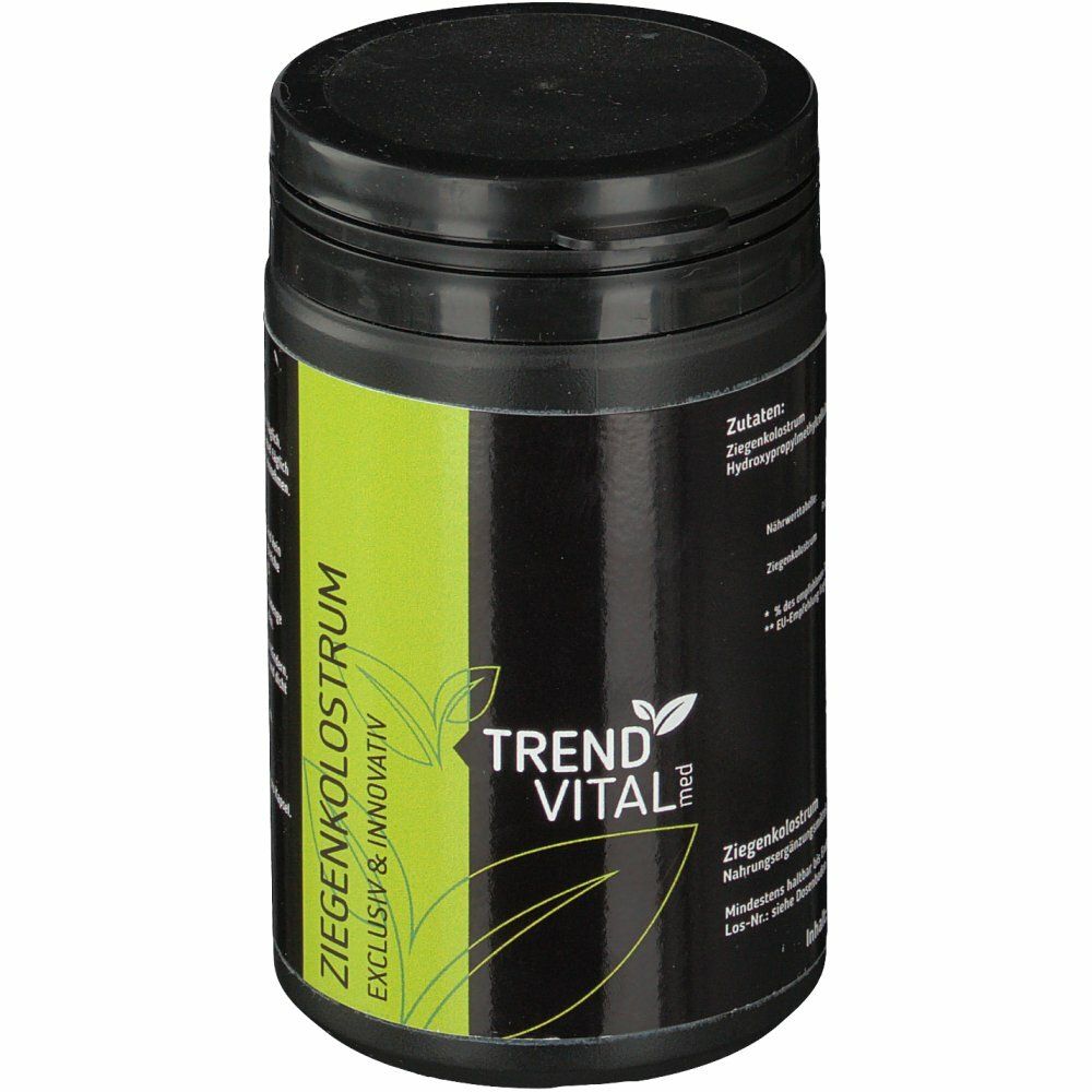 Schwarze Dose mit grünem Etikett. Aufschrift: TRENDVITAL med Ziegenkolostrum. Exklusiv & Innovativ. Logo.
