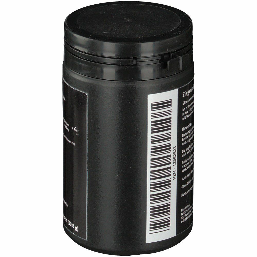 Schwarze Dose mit schwarzem Deckel. Barcode und Text auf der Seite. Aufschrift: Ziegenkolostrum.