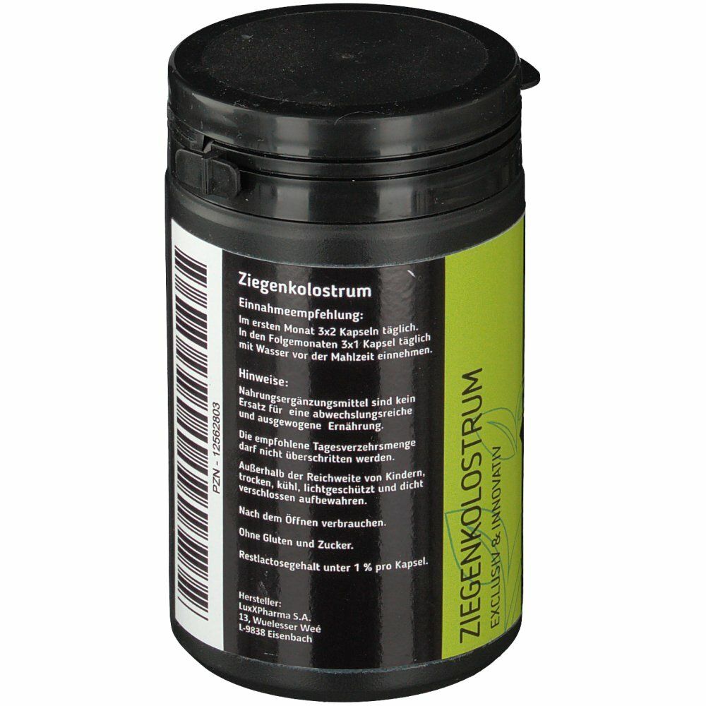 Schwarze Dose mit schwarzem Deckel. Aufschrift: Ziegenkolostrum. Einnahmeempfehlung und Hinweise. Barcode.