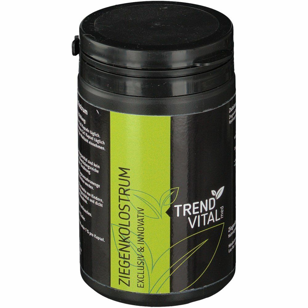 Schwarze Dose mit grünem Etikett. Aufschrift: Ziegenkolostrum. TRENDVITAL med Logo. Exklusiv & Innovativ.