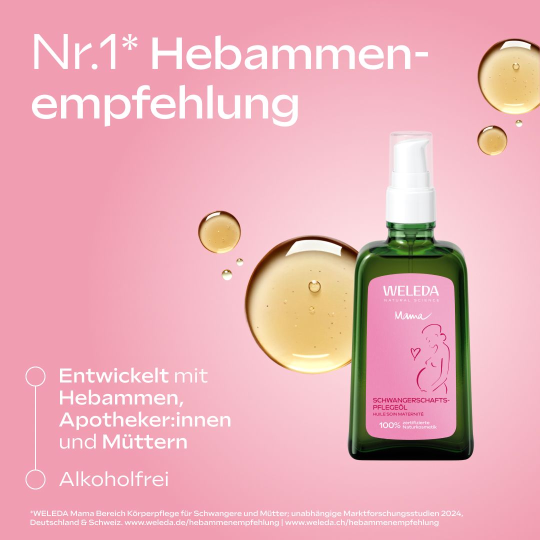 Grüne Flasche und rosa Verpackung. Text: Nr.1 Hebammenempfehlung. Entwickelt mit Hebammen.