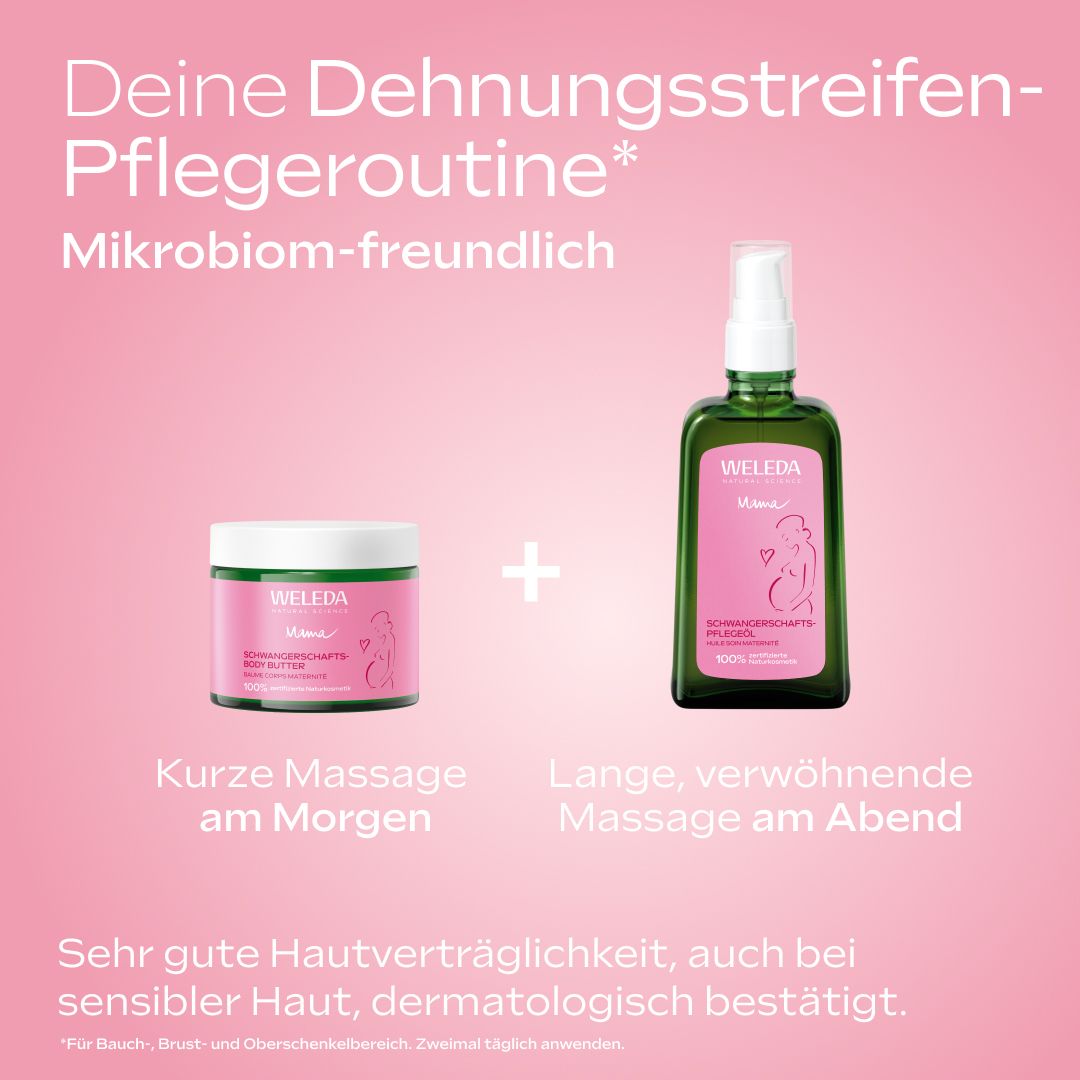Zwei Produkte: Öl und Creme. Text: Deine Dehnungsstreifen-Pflegeroutine. Mikrobiom-freundlich.