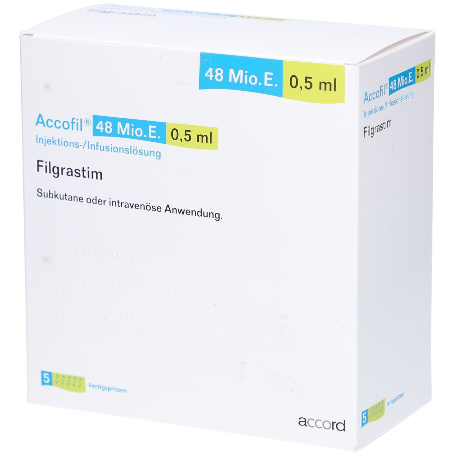 Weiße Faltschachtel mit blauen und grünen Akzenten. Aufschrift: Accofil 48 Mio.E./0,5 ml, Filgrastim. 5 Fertigspritzen.