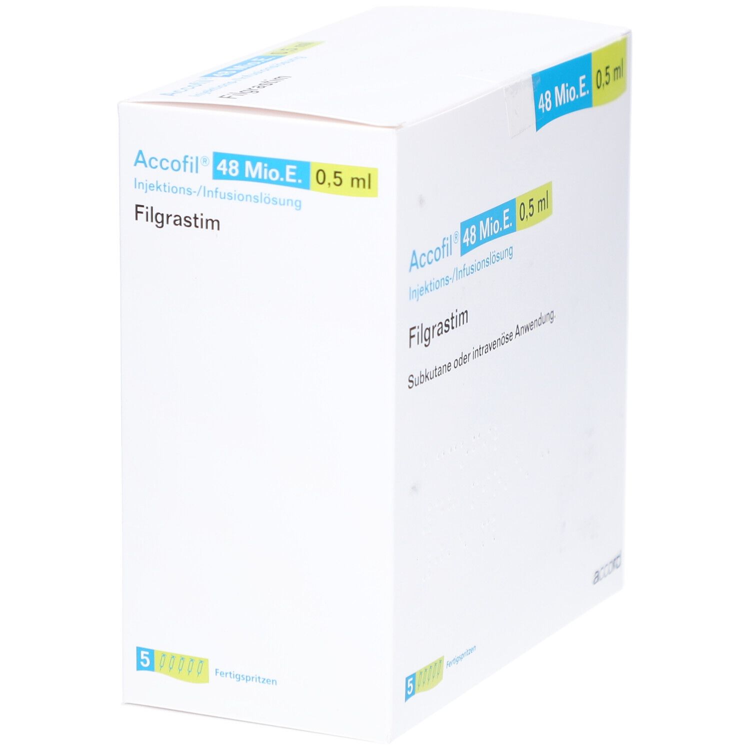 Weiße Faltschachtel mit blauen und grünen Akzenten. Aufschrift: Accofil 48 Mio.E./0,5 ml, Filgrastim. 5 Fertigspritzen.