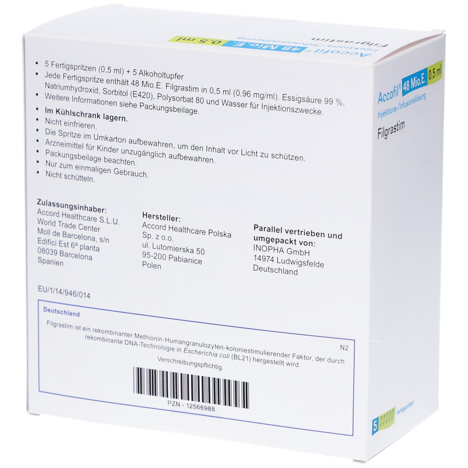 Weiße Faltschachtel mit Text. Aufschrift: Accofil 48 Mio.E./0,5 ml, Filgrastim. Enthält 5 Fertigspritzen. Hersteller- und Vertriebsinformationen.
