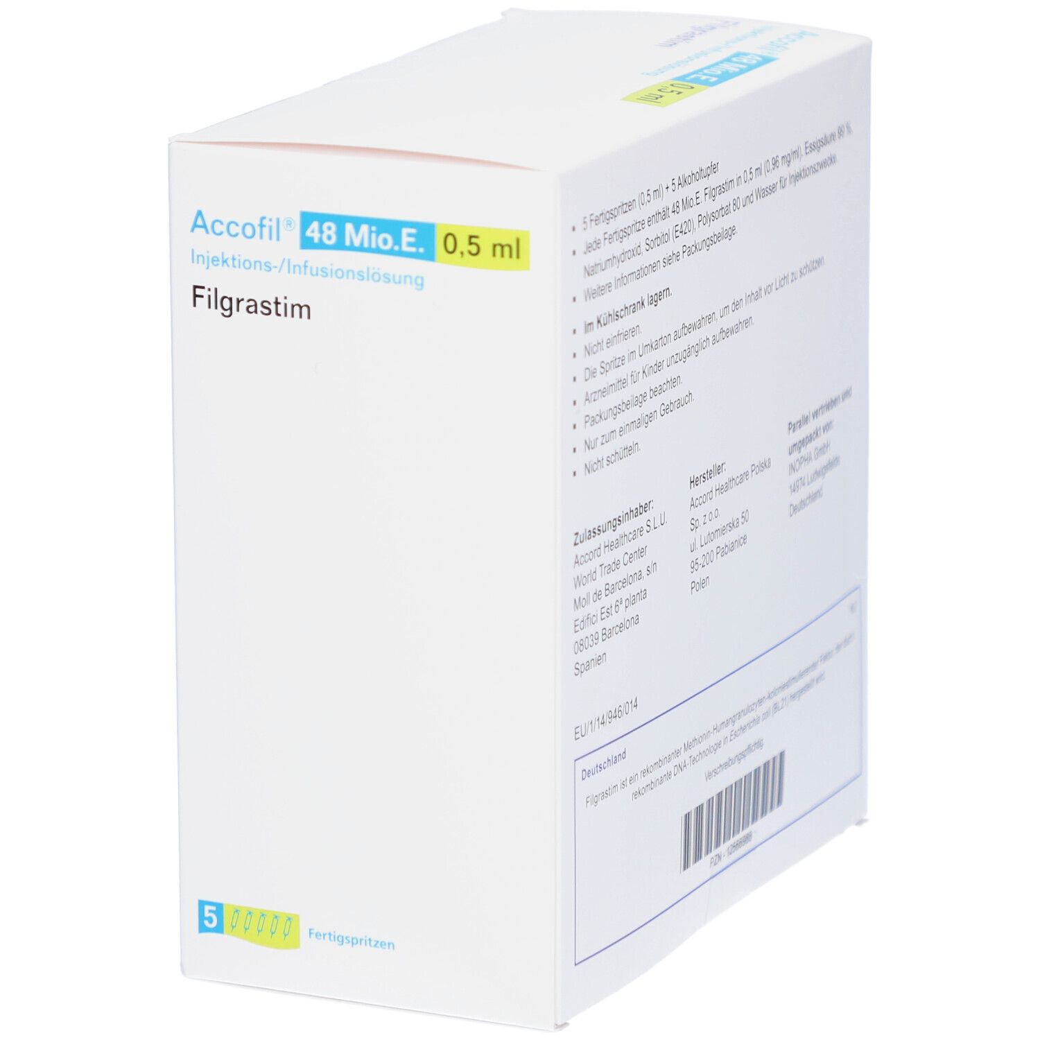 Weiße Faltschachtel mit blauen und grünen Akzenten. Aufschrift: Accofil 48 Mio.E./0,5 ml, Filgrastim. 5 Fertigspritzen.