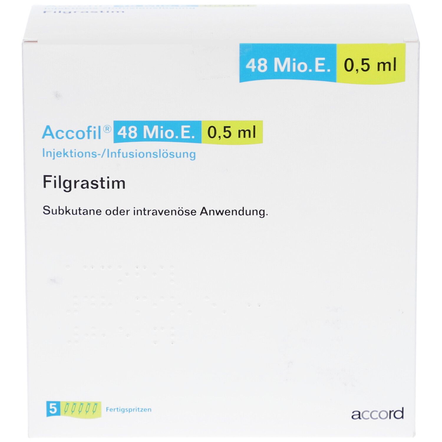 Weiße Faltschachtel mit blauen und grünen Akzenten. Aufschrift: Accofil 48 Mio.E./0,5 ml, Filgrastim. 5 Fertigspritzen.