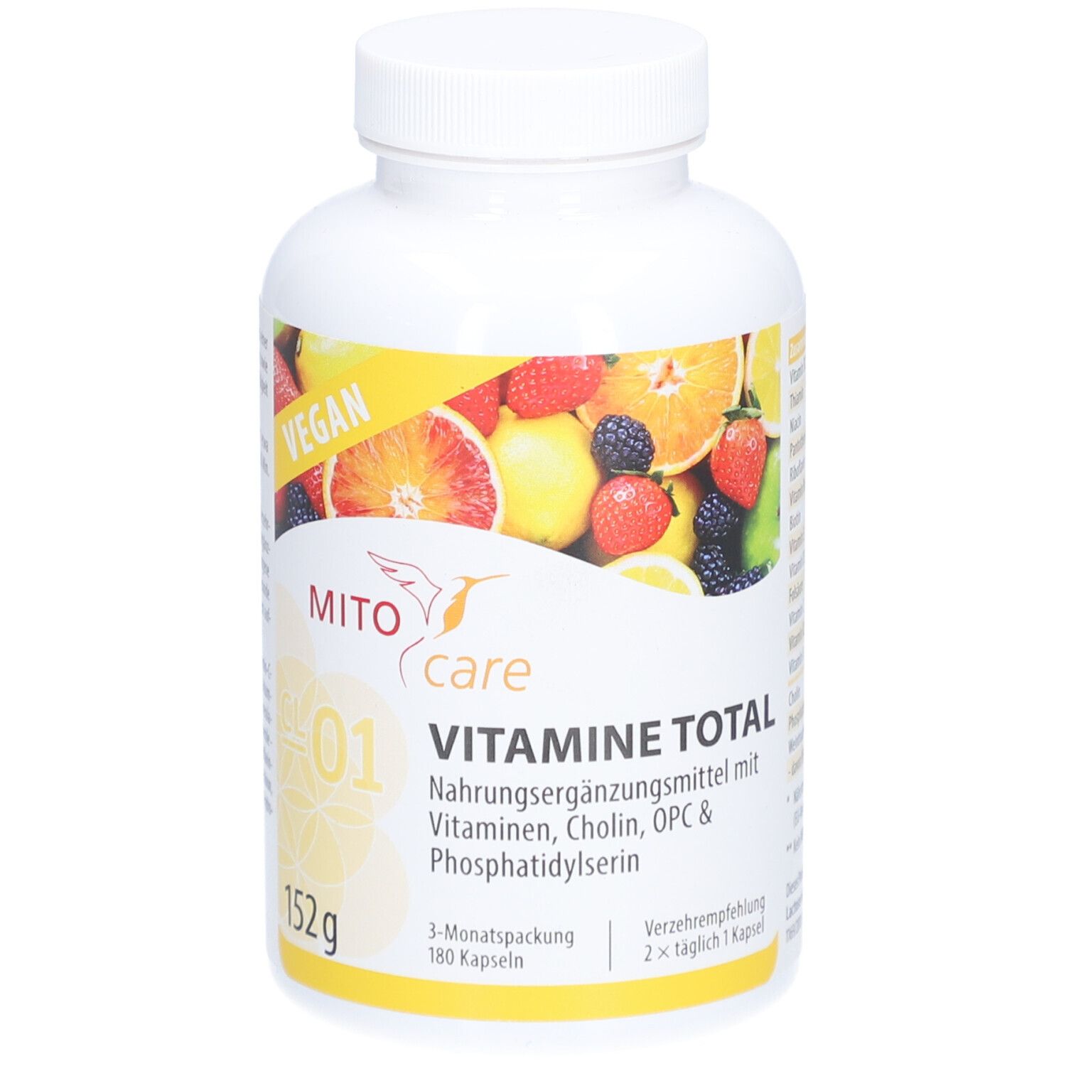Weiße Flasche mit Kapseln. Aufkleber mit Text: VITAMINE TOTAL, MITOcare, vegan. Abbildung von Früchten. 152g.