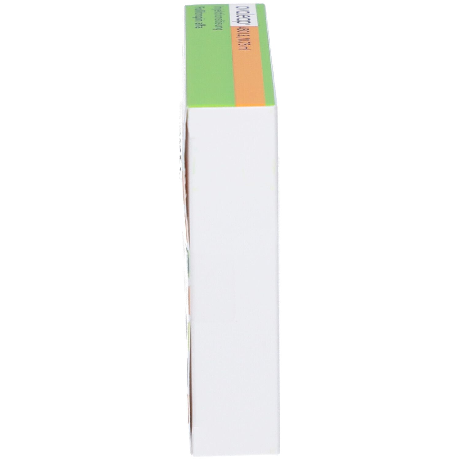 Ovaleap-Verpackung, Seitenansicht. Grün-orangefarbener Streifen oben, weißer Karton. Text: Chargennummer, Verfallsdatum.