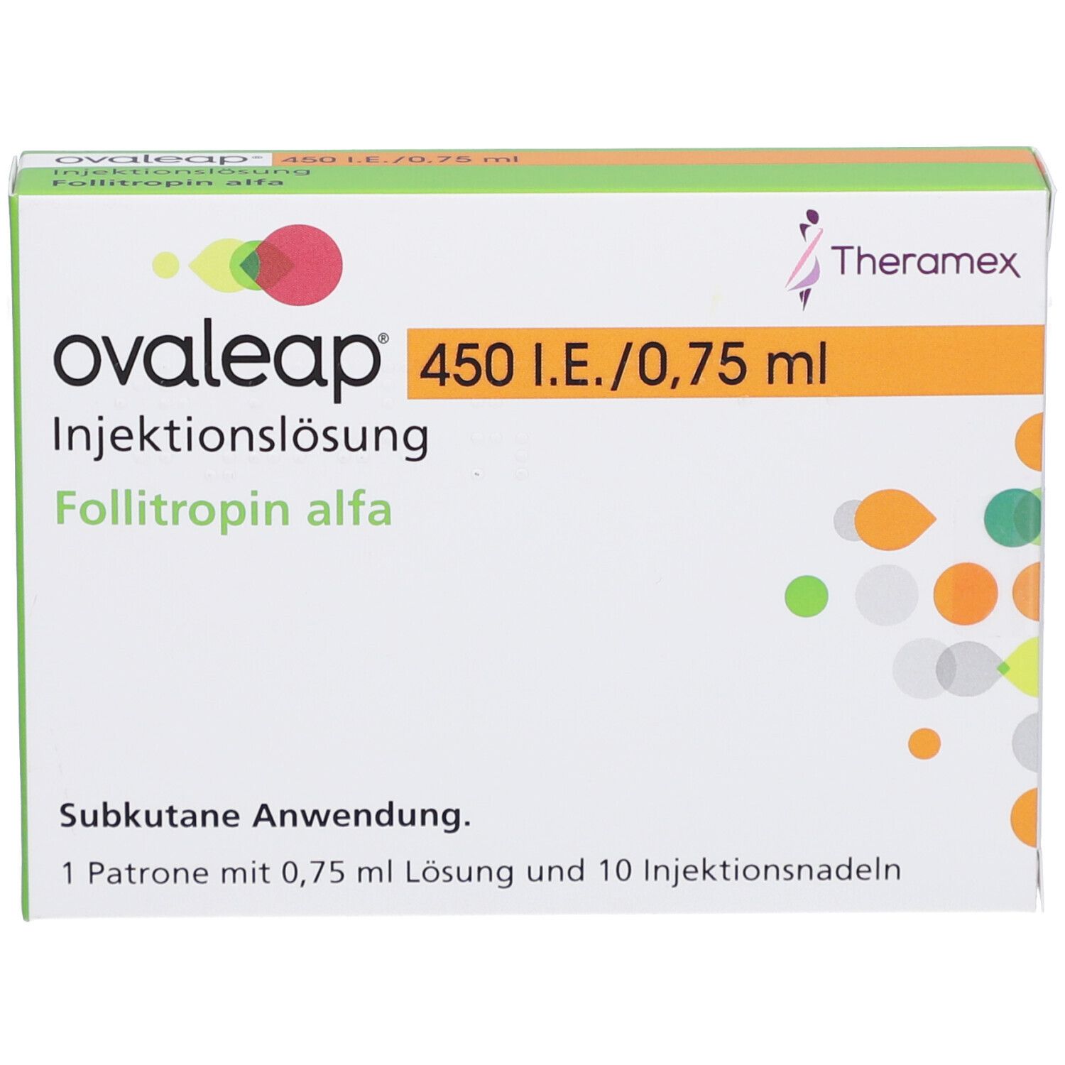 Ovaleap-Packung. Weißer Karton mit grünen, orangefarbenen und roten Akzenten. Text: Ovaleap, 450 I.E./0,75 ml, Injektionslösung, Follitropin alfa.