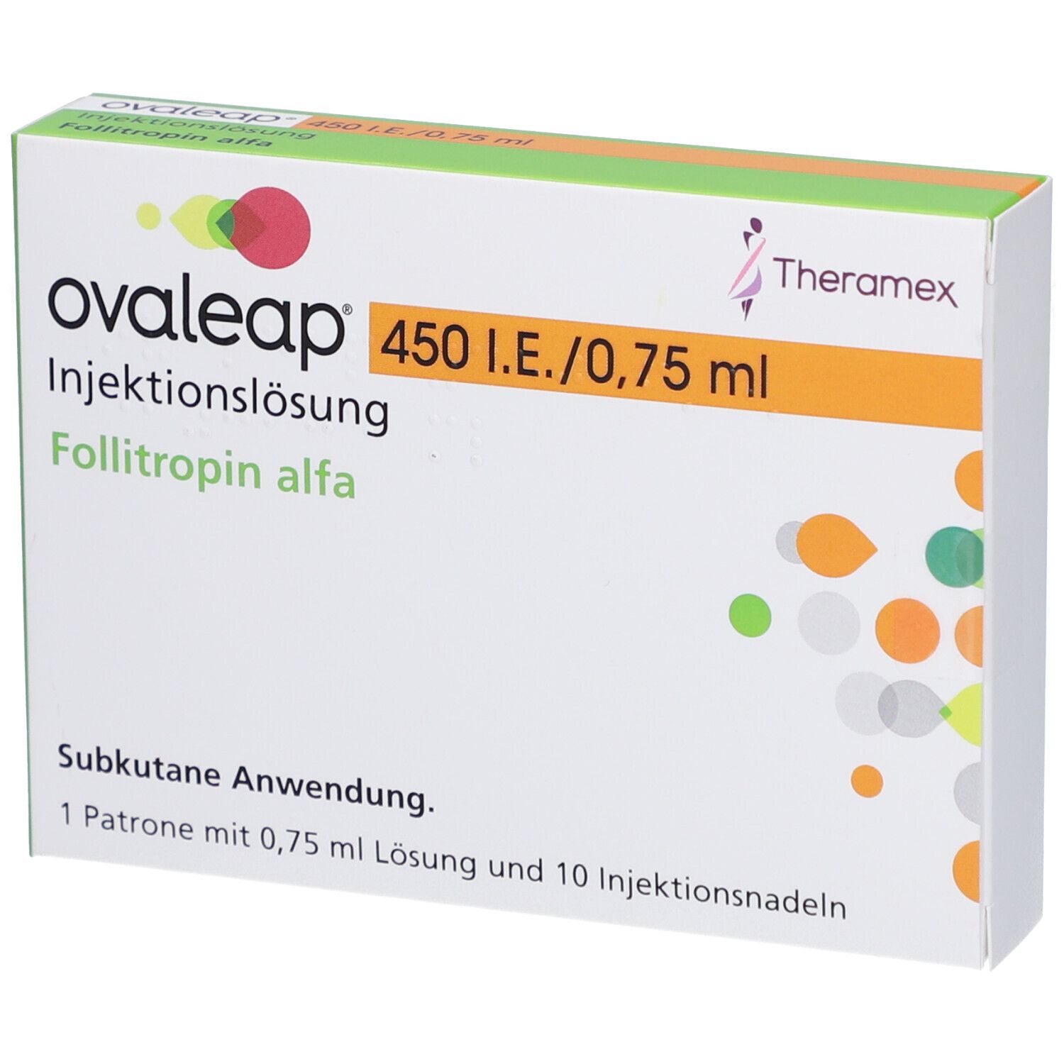 Ovaleap-Packung. Weißer Karton mit grünen, orangefarbenen und roten Akzenten. Text: Ovaleap, 450 I.E./0,75 ml, Injektionslösung, Follitropin alfa.