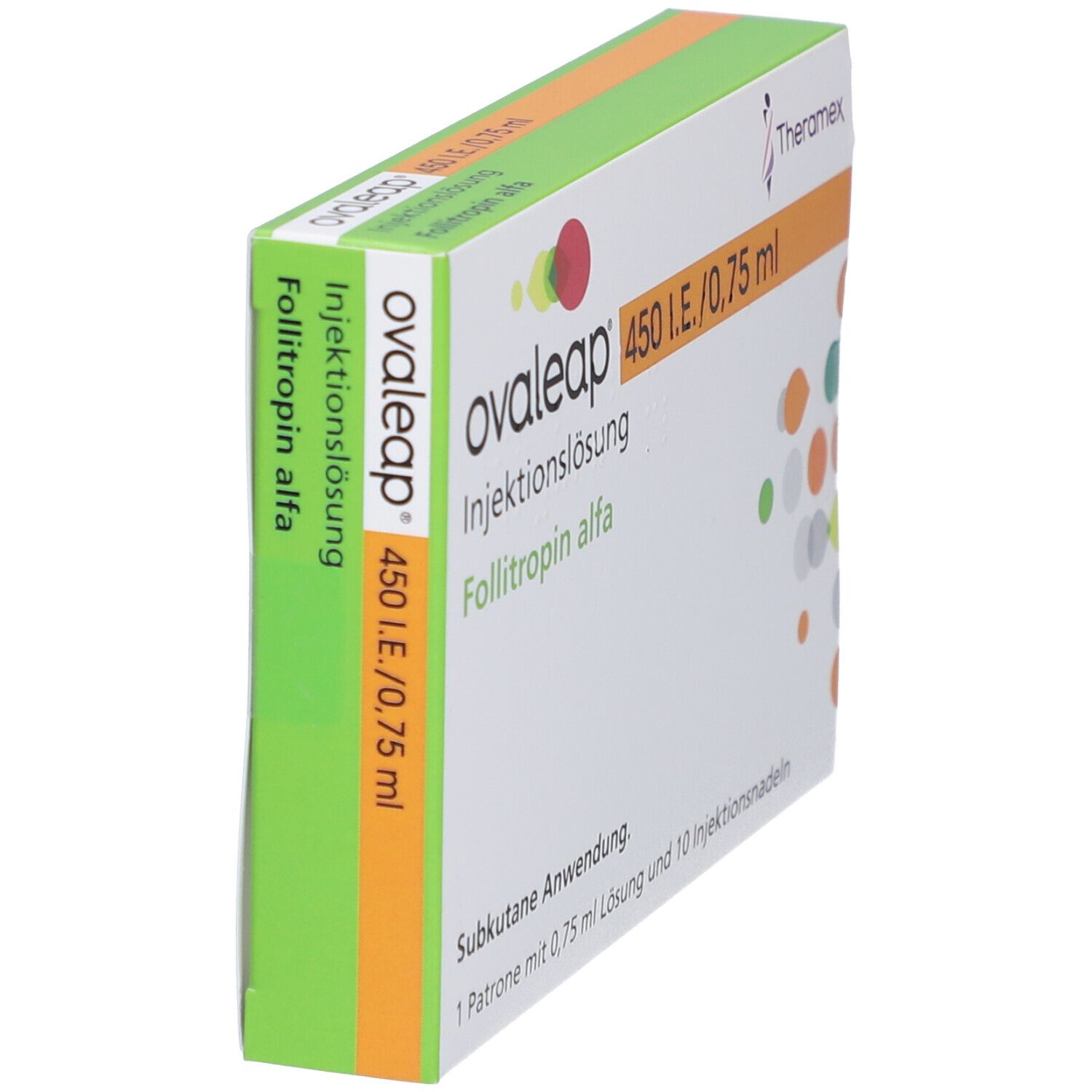 Ovaleap-Packung, schräg. Weißer Karton mit grünen, orangefarbenen und roten Akzenten. Text: Ovaleap, 450 I.E./0,75 ml, Injektionslösung, Follitropin alfa.