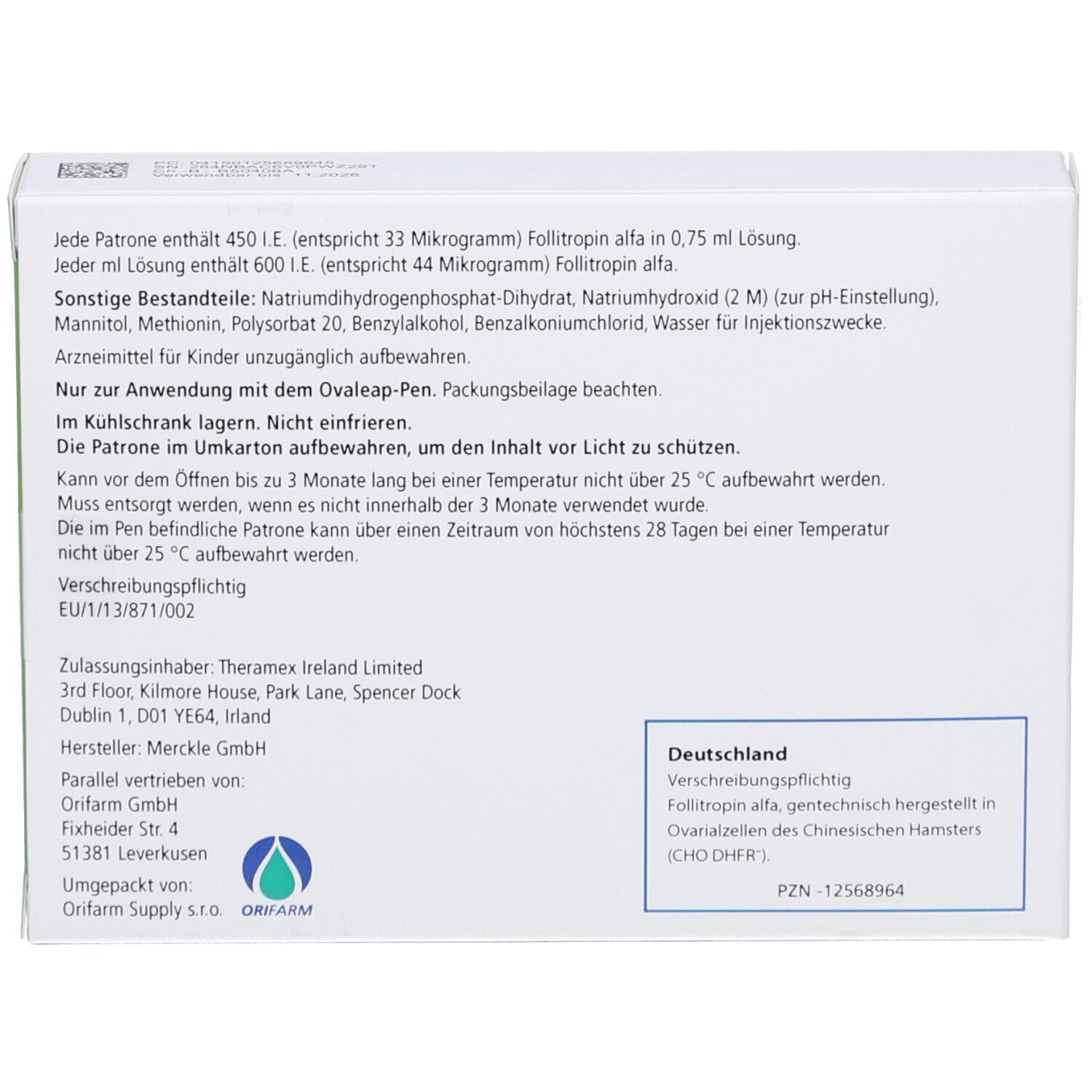 Rückseite der Ovaleap-Packung. Text: Zusammensetzung, Dosierung, Herstellerinformationen, PZN-Nummer.