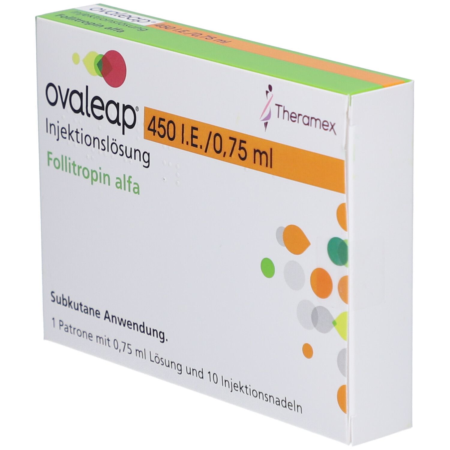Ovaleap-Packung. Weißer Karton mit grünen, orangefarbenen und roten Akzenten. Text: Ovaleap, 450 I.E./0,75 ml, Injektionslösung, Follitropin alfa.