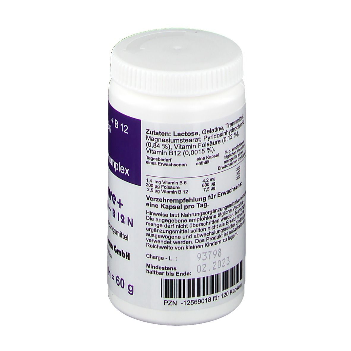 Weiße Flasche mit Schraubverschluss. Aufkleber mit Produktinformationen und Zutatenliste. 120 Kapseln. Mindestens haltbar bis 02.2023.