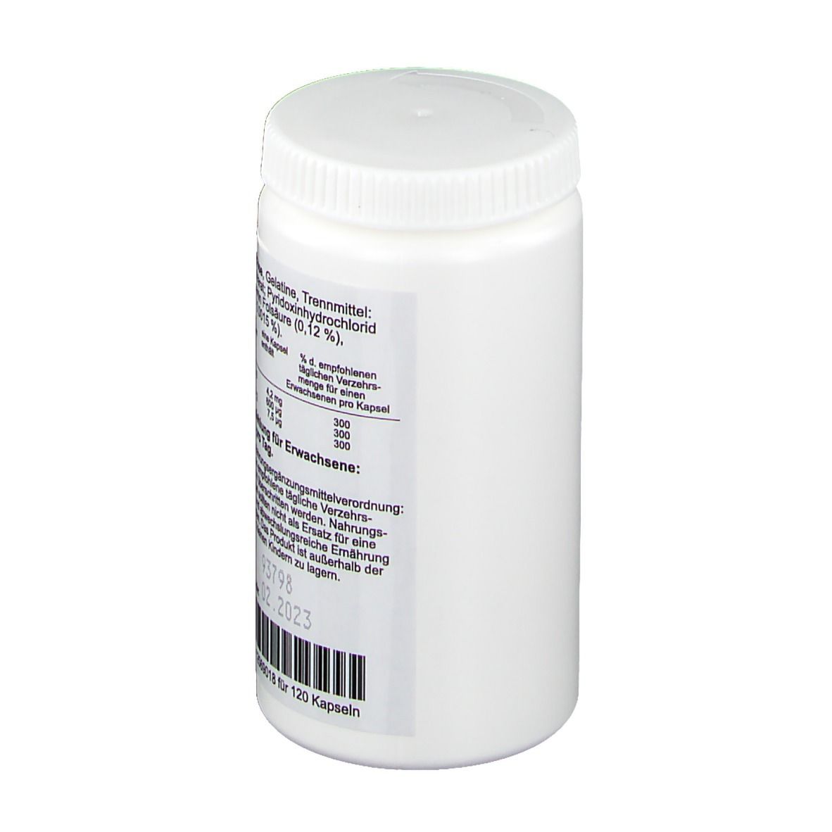 Weiße Flasche mit Schraubverschluss. Aufkleber mit Produktinformationen. 120 Kapseln. Rückansicht.