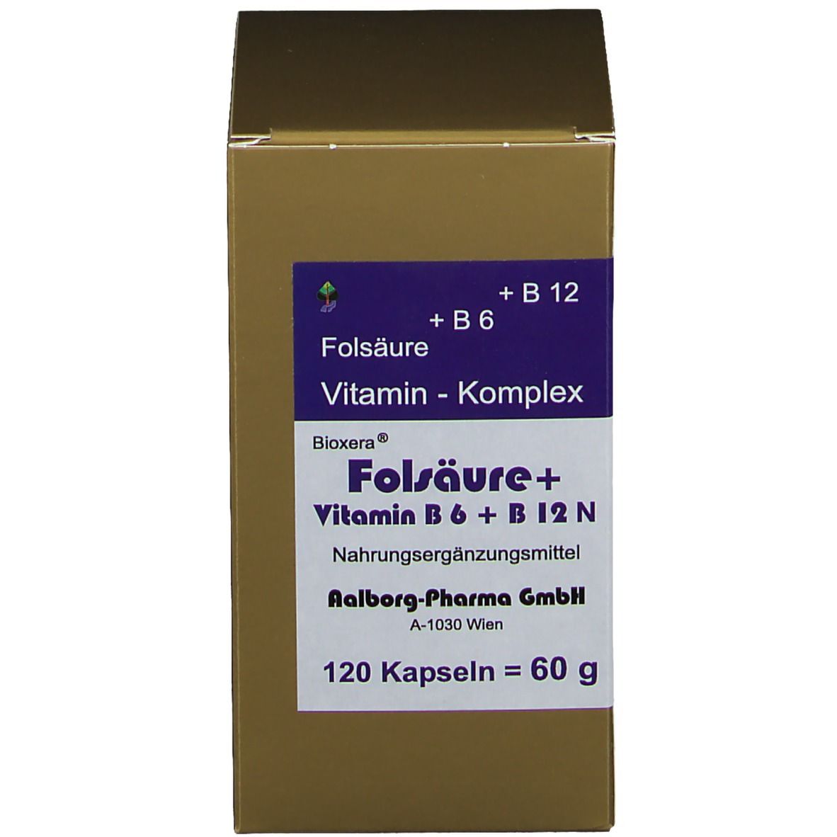 Goldfarbene Schachtel mit Produktinformationen: Folsäure + Vitamin B6 + B12 N. 120 Kapseln.