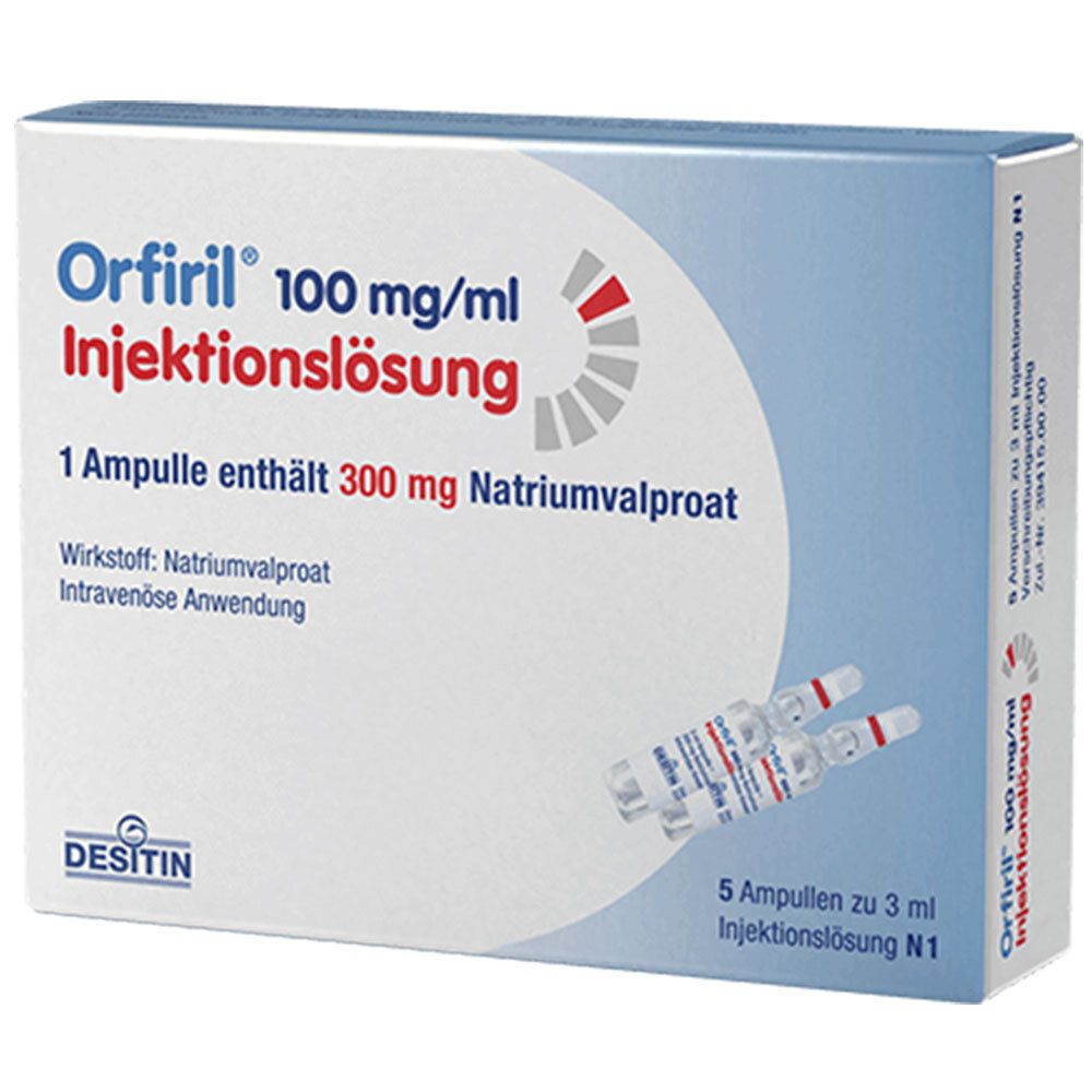Packung mit Orfiril Injektionslösung. Enthält 5 Ampullen. Aufschrift: 100 mg/ml, 300 mg Natriumvalproat. Marke: DESITIN.