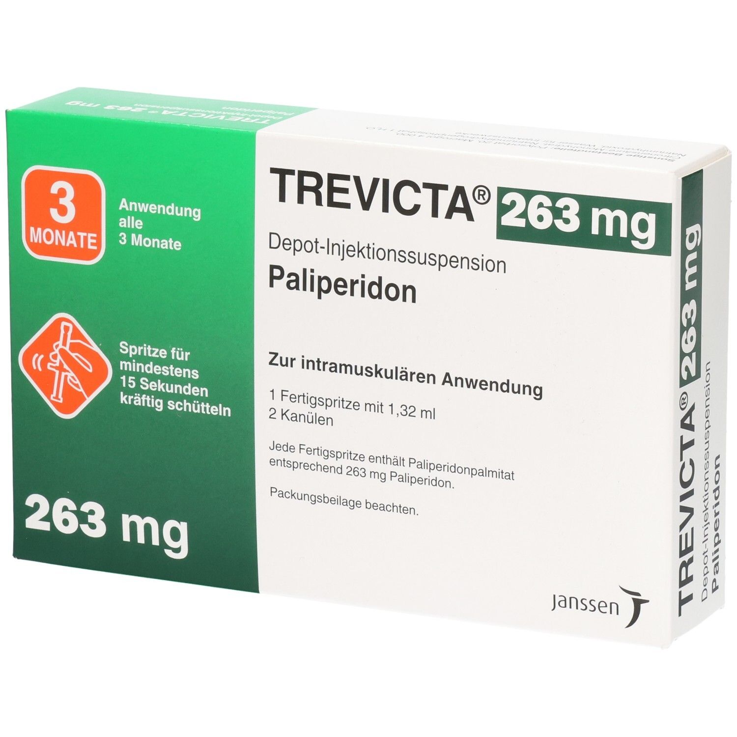 Trevicta 263 mg Depot-Injektionssuspension mit Palipéridon zur intramuskulären Anwendung. Enthält 1 Fertigspritze mit 1,32 ml und 2 Kanülen.