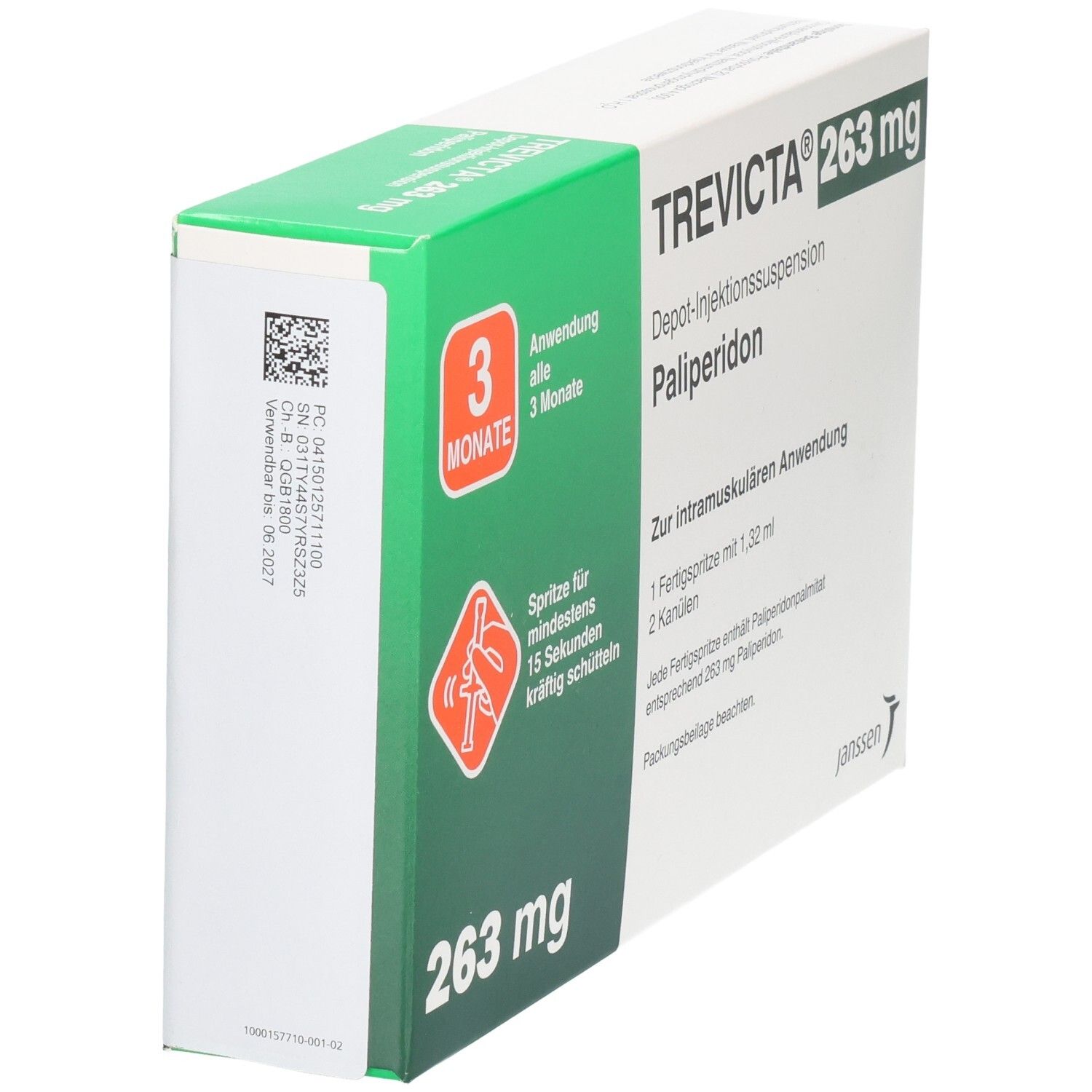 Trevicta 263 mg Depot-Injektionssuspension mit Palipéridon. Seitenansicht der Verpackung mit Barcode und Anwendungshinweisen.
