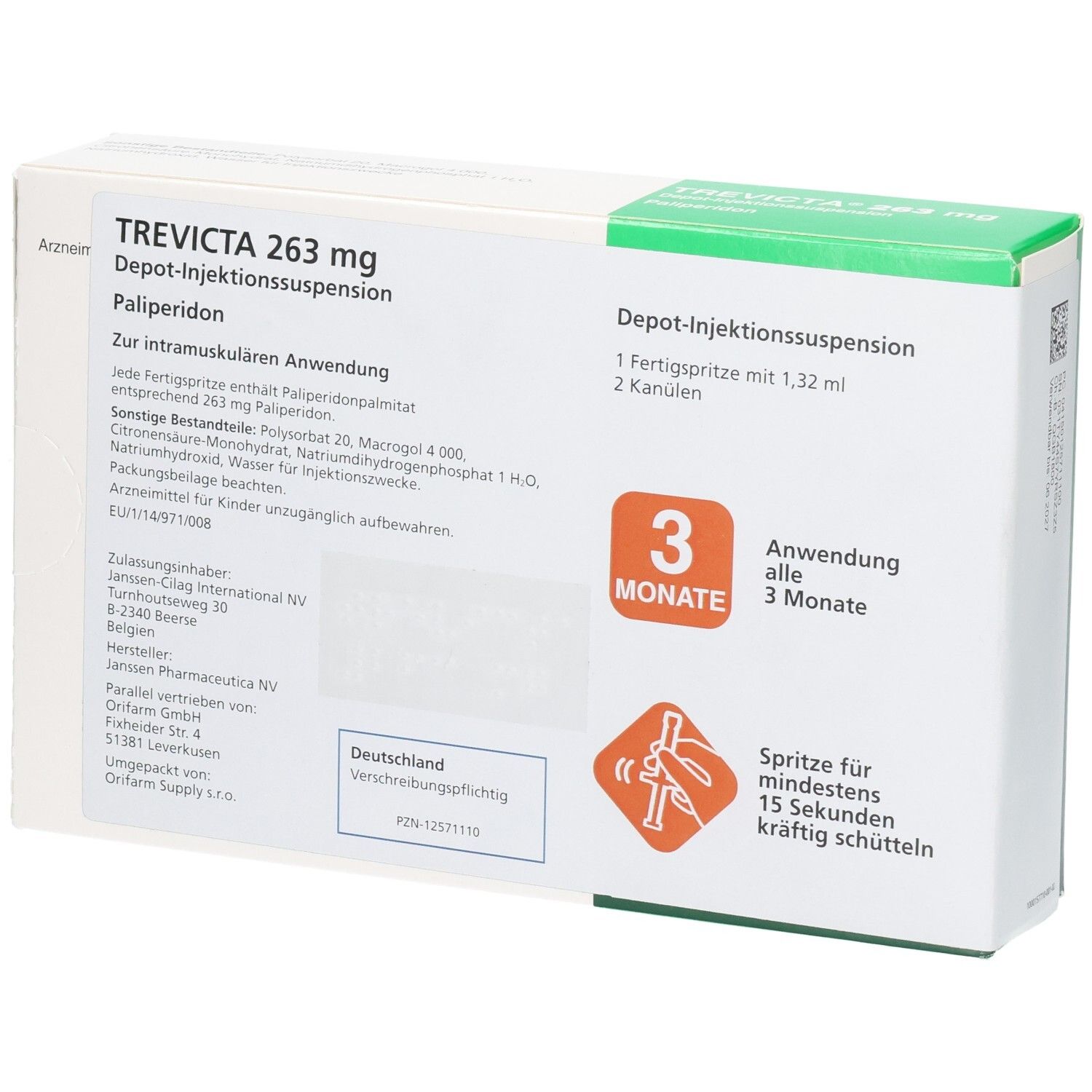 Trevicta 263 mg Depot-Injektionssuspension mit Palipéridon. Rückansicht der Verpackung mit Zulassungsinformationen und Herstellerdetails.