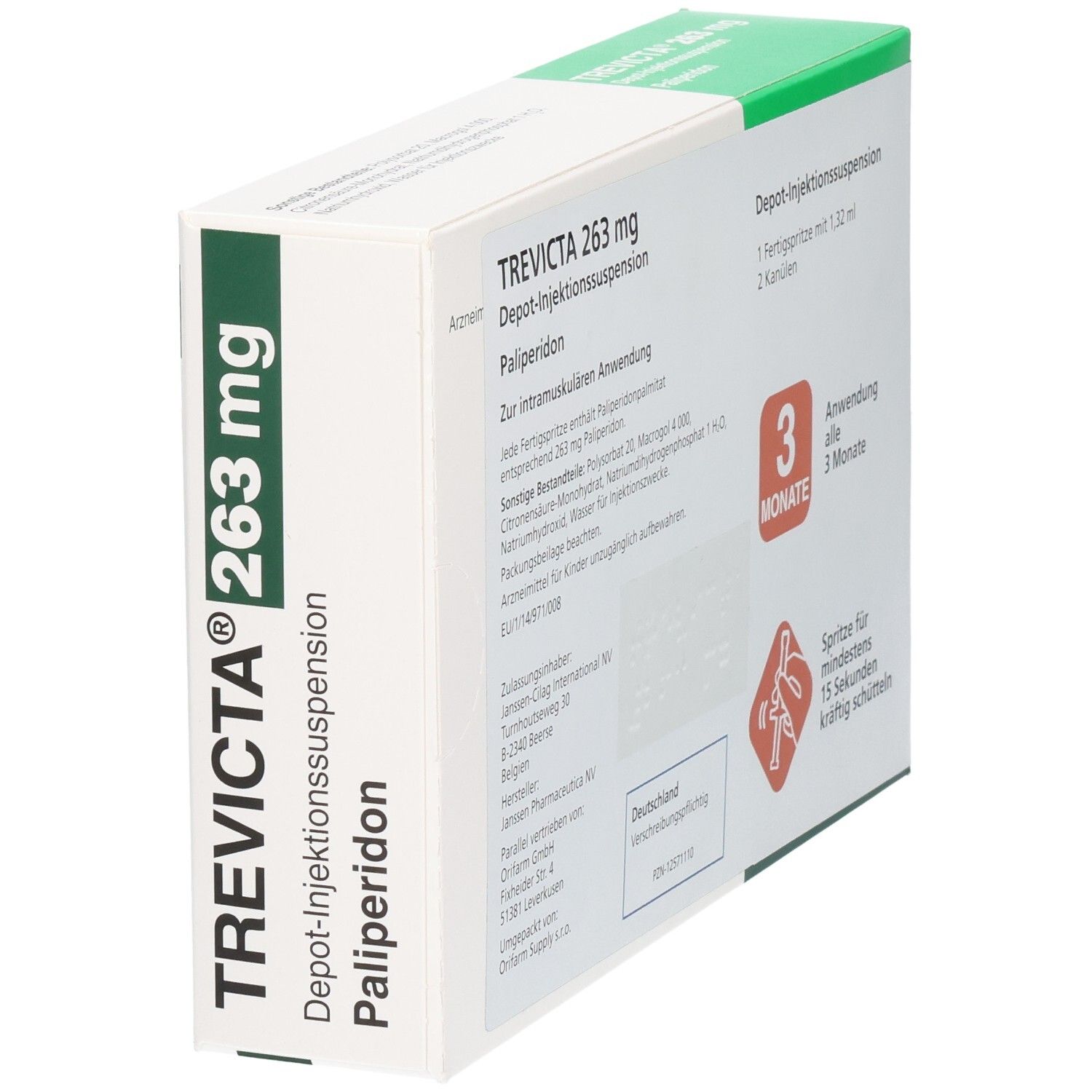Trevicta 263 mg Depot-Injektionssuspension mit Palipéridon. Seitenansicht der Verpackung, Fokus auf Produktname und Stärke.