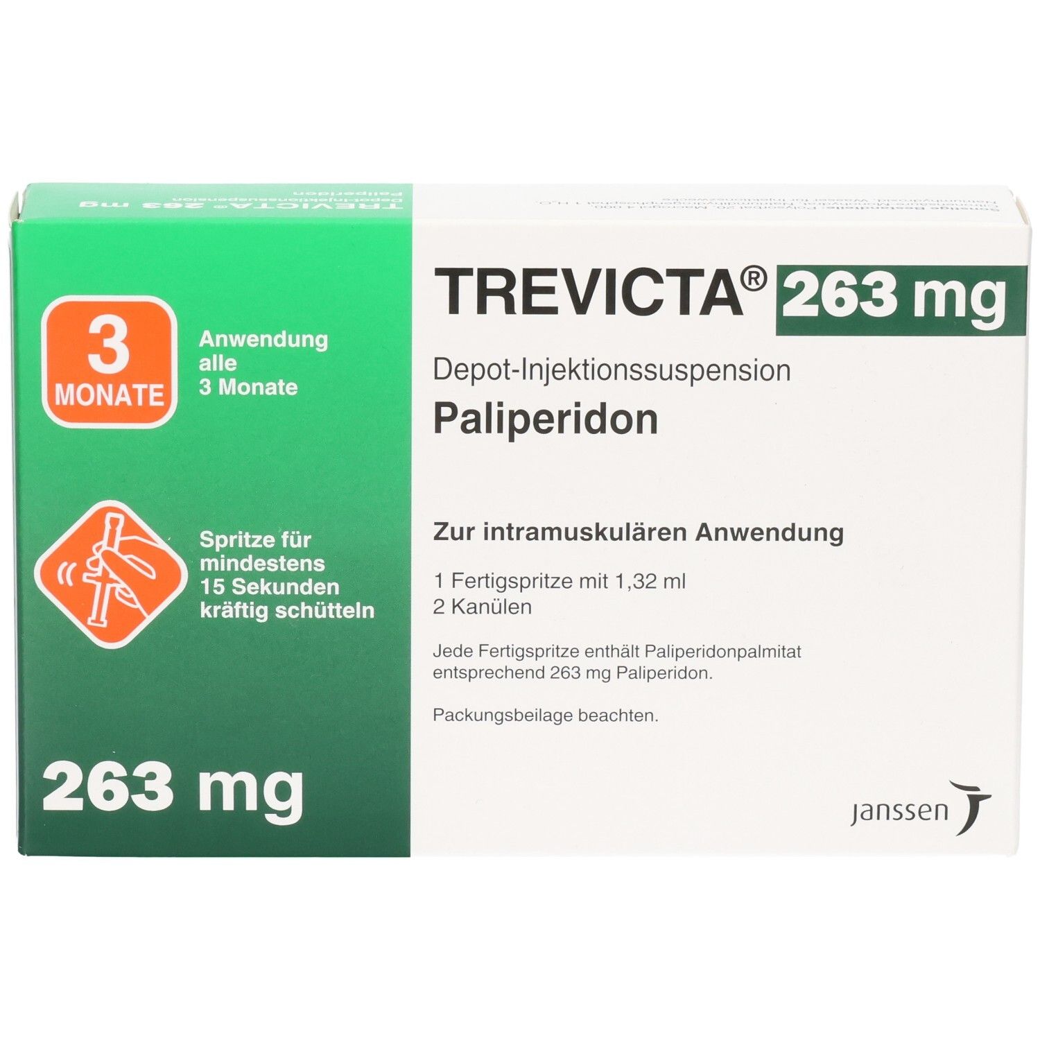 Trevicta 263 mg Depot-Injektionssuspension mit Palipéridon zur intramuskulären Anwendung. Enthält 1 Fertigspritze mit 1,32 ml und 2 Kanülen.
