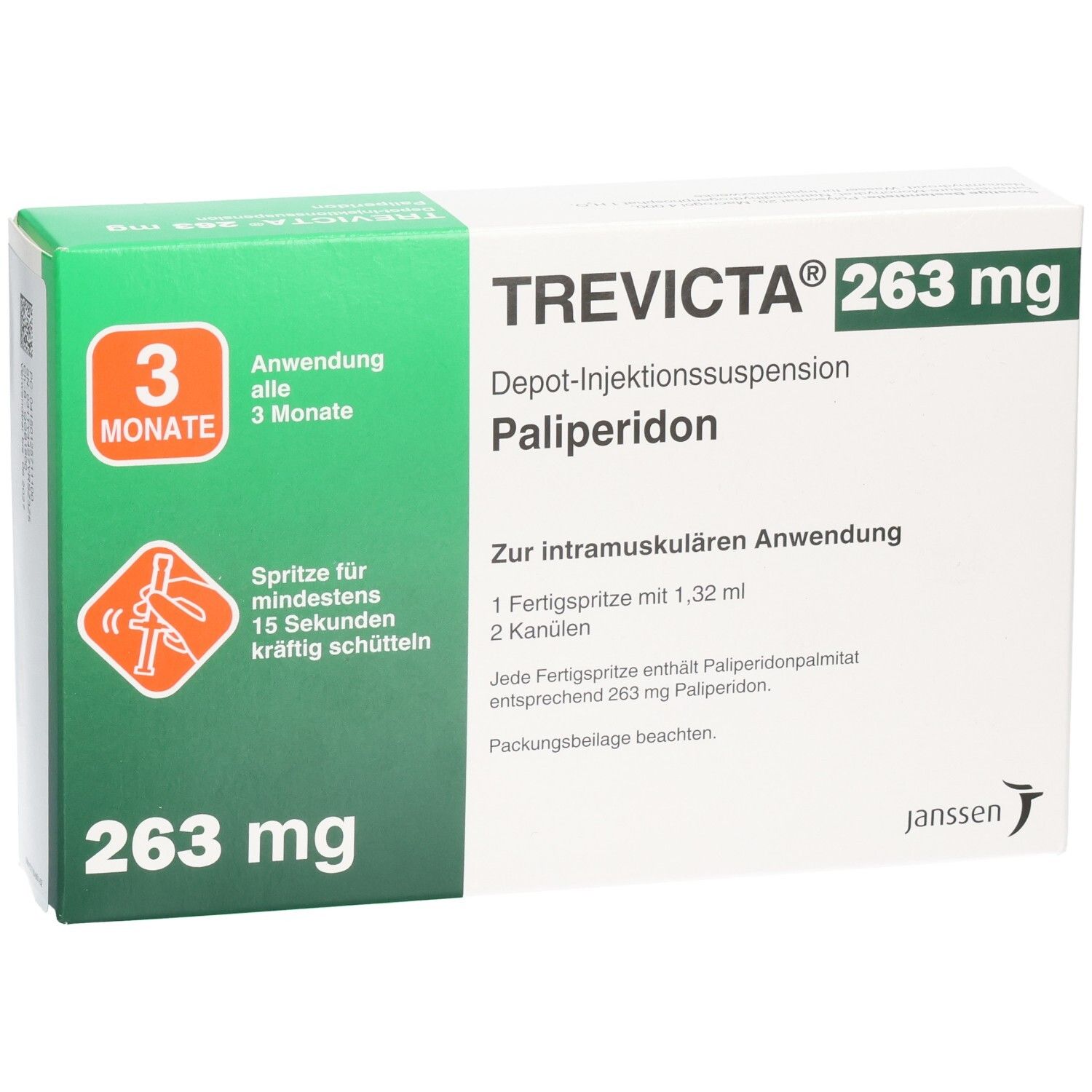Trevicta 263 mg Depot-Injektionssuspension mit Palipéridon zur intramuskulären Anwendung. Enthält 1 Fertigspritze mit 1,32 ml und 2 Kanülen.