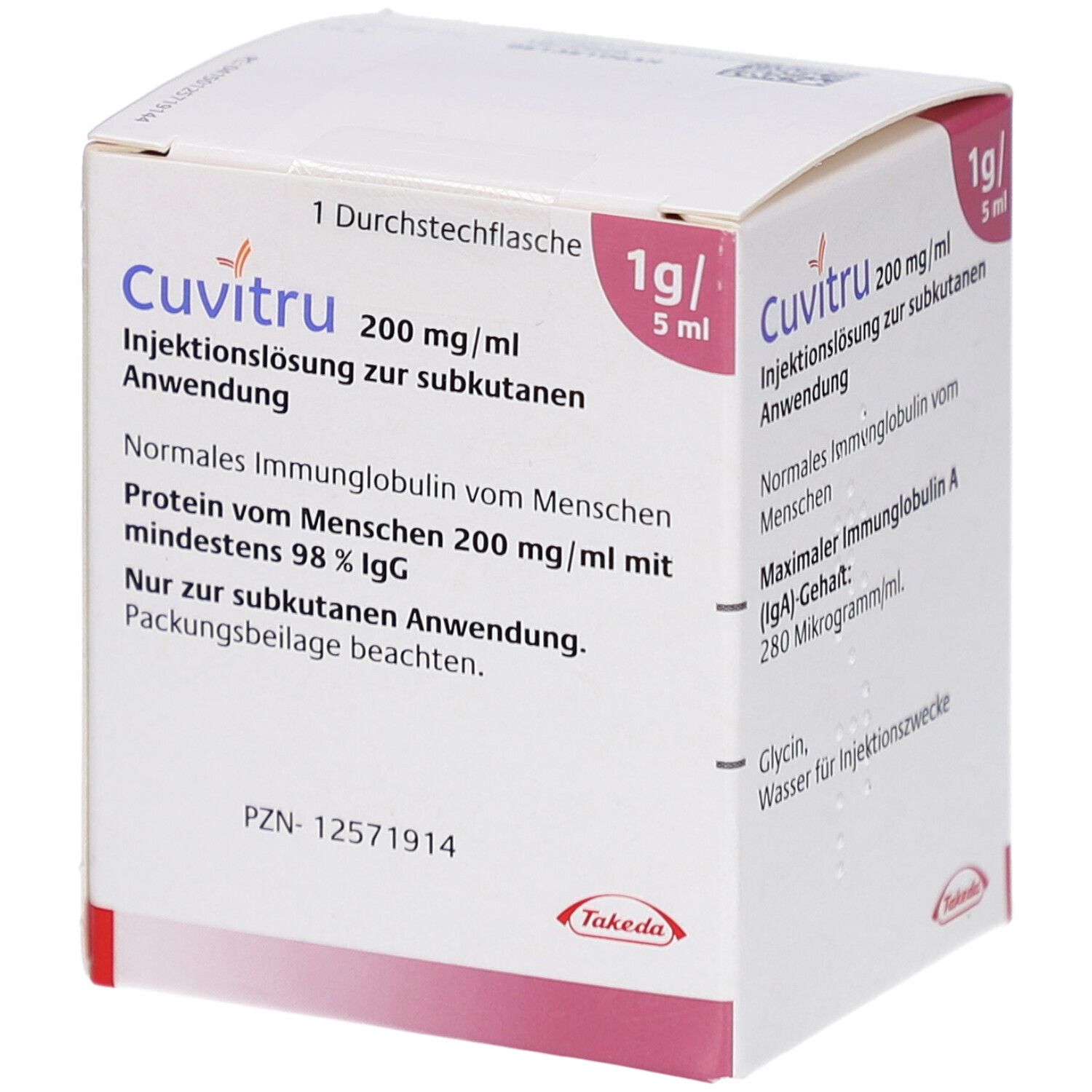 Karton mit Produktinformationen. Aufschrift: CUVITRU 200 mg/ml, 1g/5ml. Enthält Informationen zu Inhaltsstoffen und Anwendung.