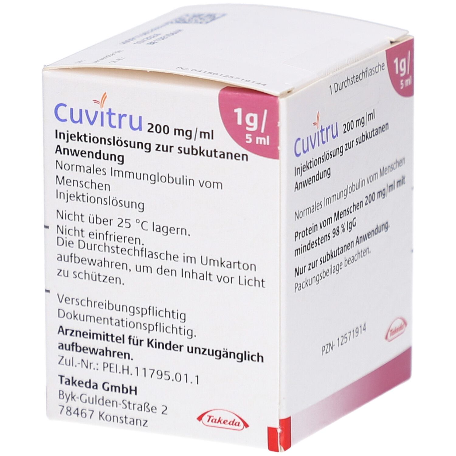 Karton mit Produktinformationen. Aufschrift: CUVITRU 200 mg/ml, 1g/5ml. Enthält Informationen zu Lagerung und Inhaltsstoffen.