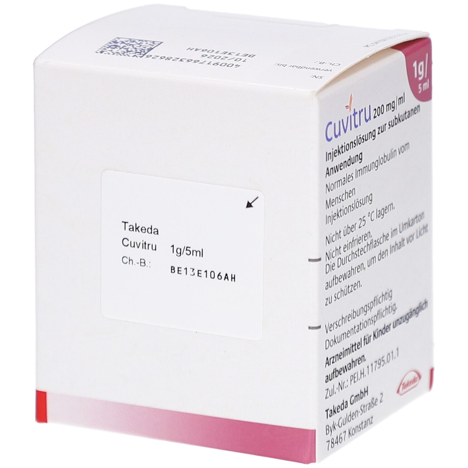 Karton mit Produktinformationen. Aufschrift: CUVITRU 1g/5ml. Enthält Informationen zu Inhaltsstoffen und Hersteller.