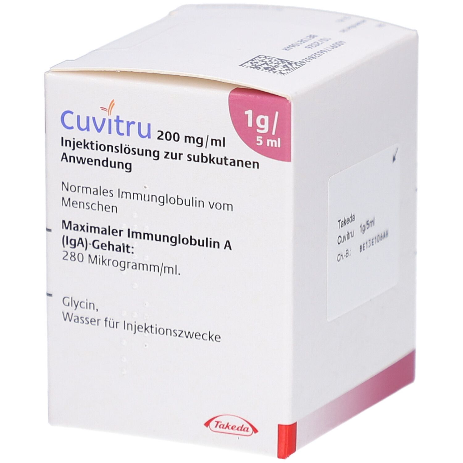 Karton mit Produktinformationen. Aufschrift: CUVITRU 200 mg/ml, 1g/5ml. Enthält Informationen zu Inhaltsstoffen und Anwendung.