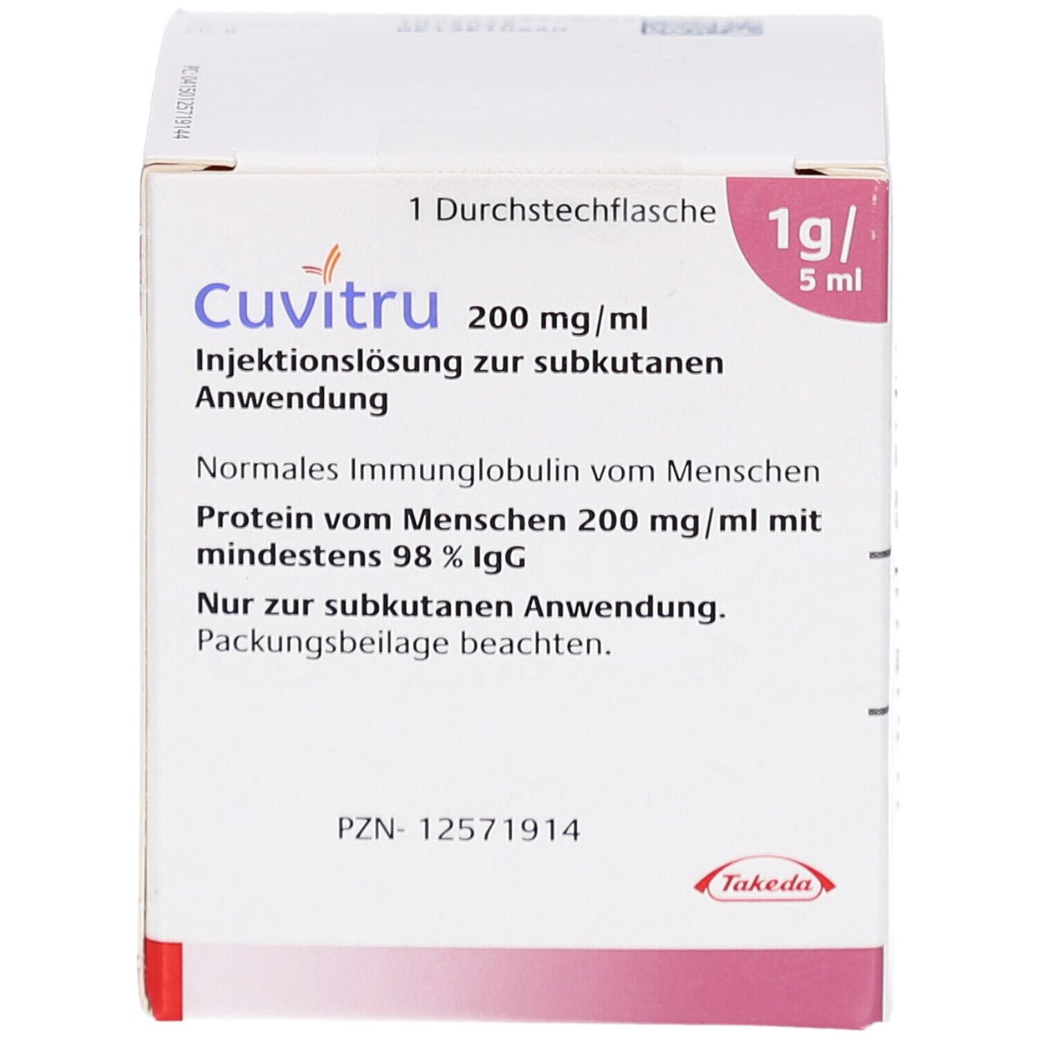 Karton mit Produktinformationen. Aufschrift: CUVITRU 200 mg/ml, 1g/5ml. Enthält Informationen zu Inhaltsstoffen und Anwendung.